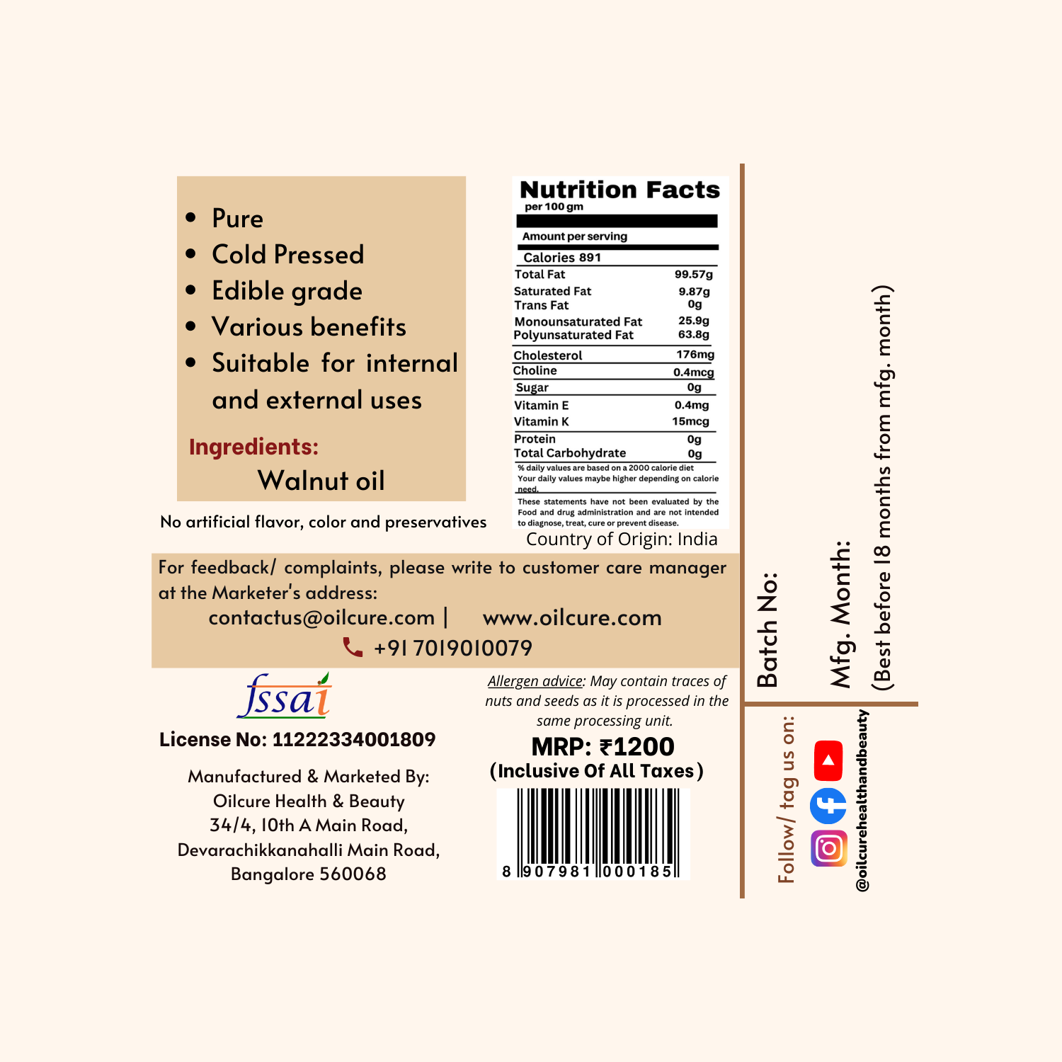 Oilcure Walnut Oil Cold Pressed - 100 ml