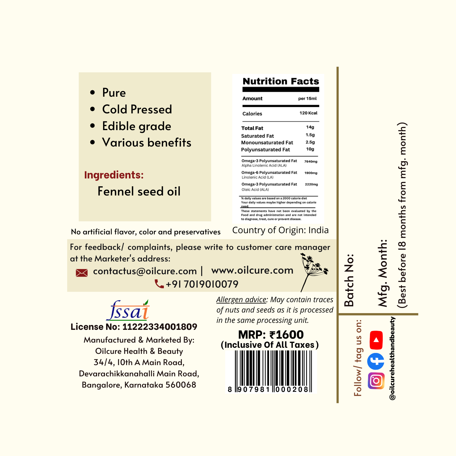 Oilcure Fennel Seed Oil (Saunf) Cold Pressed -100 ml