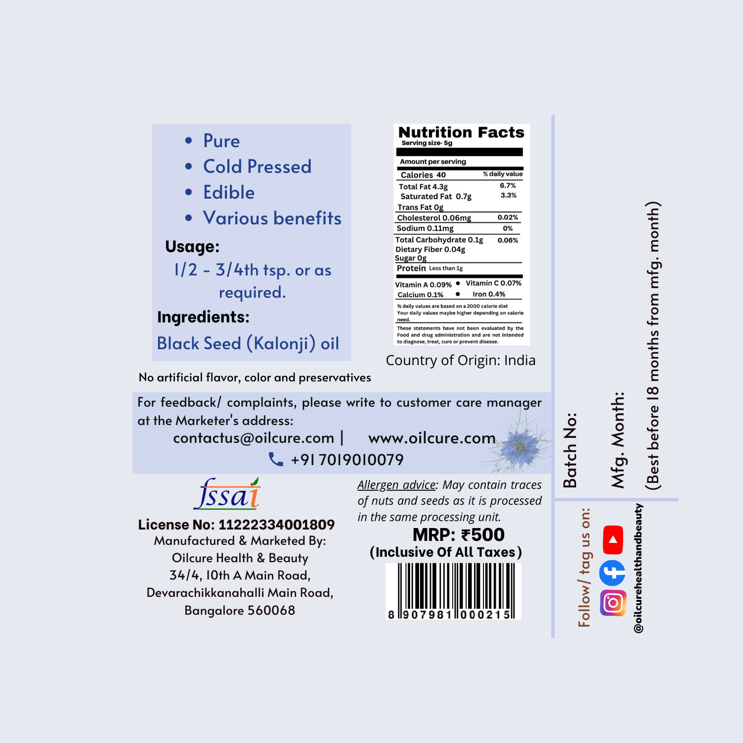 Oilcure Kalonji Oil Cold Pressed -100 ml