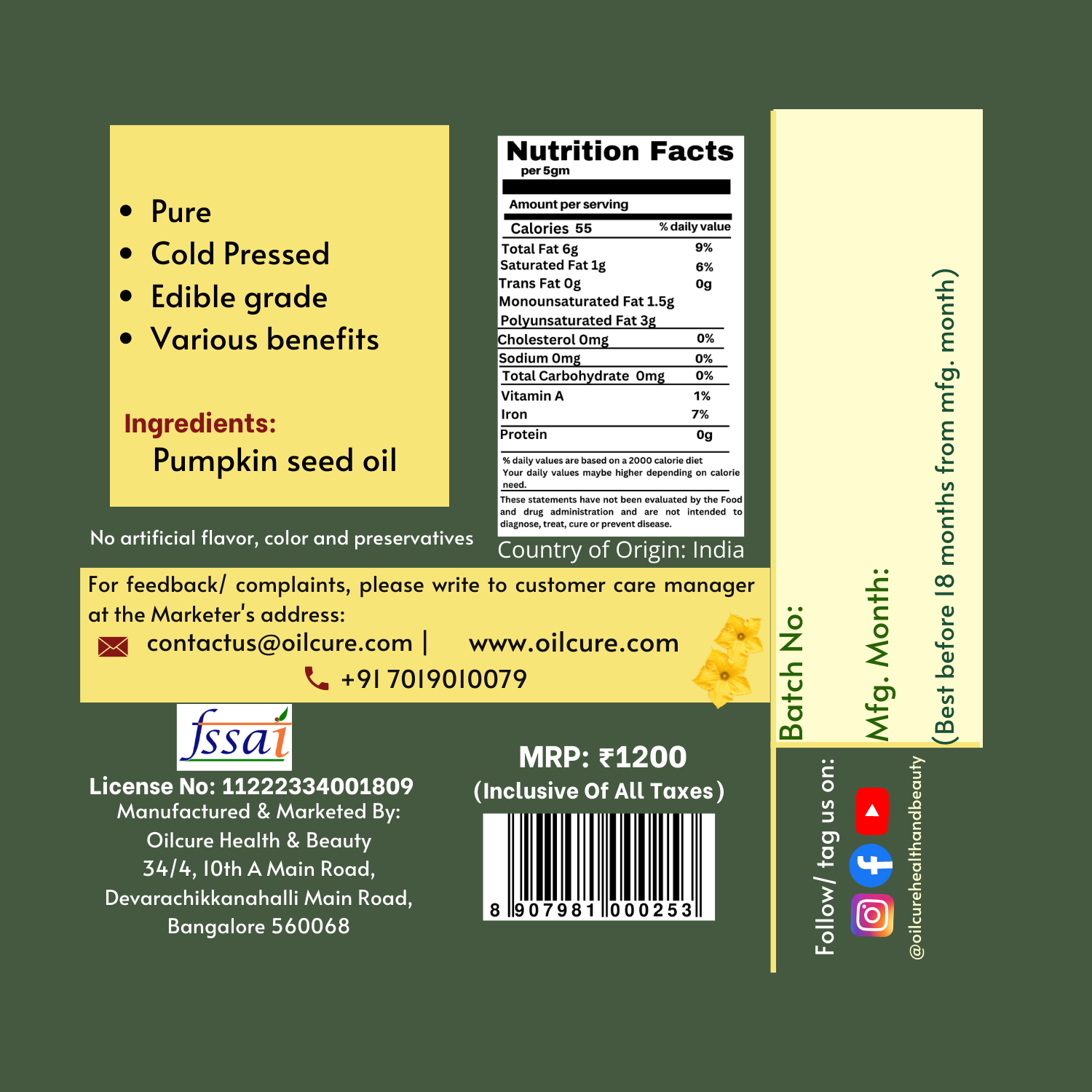 Oilcure Pumpkin Seed Oil Cold Pressed -100 ml