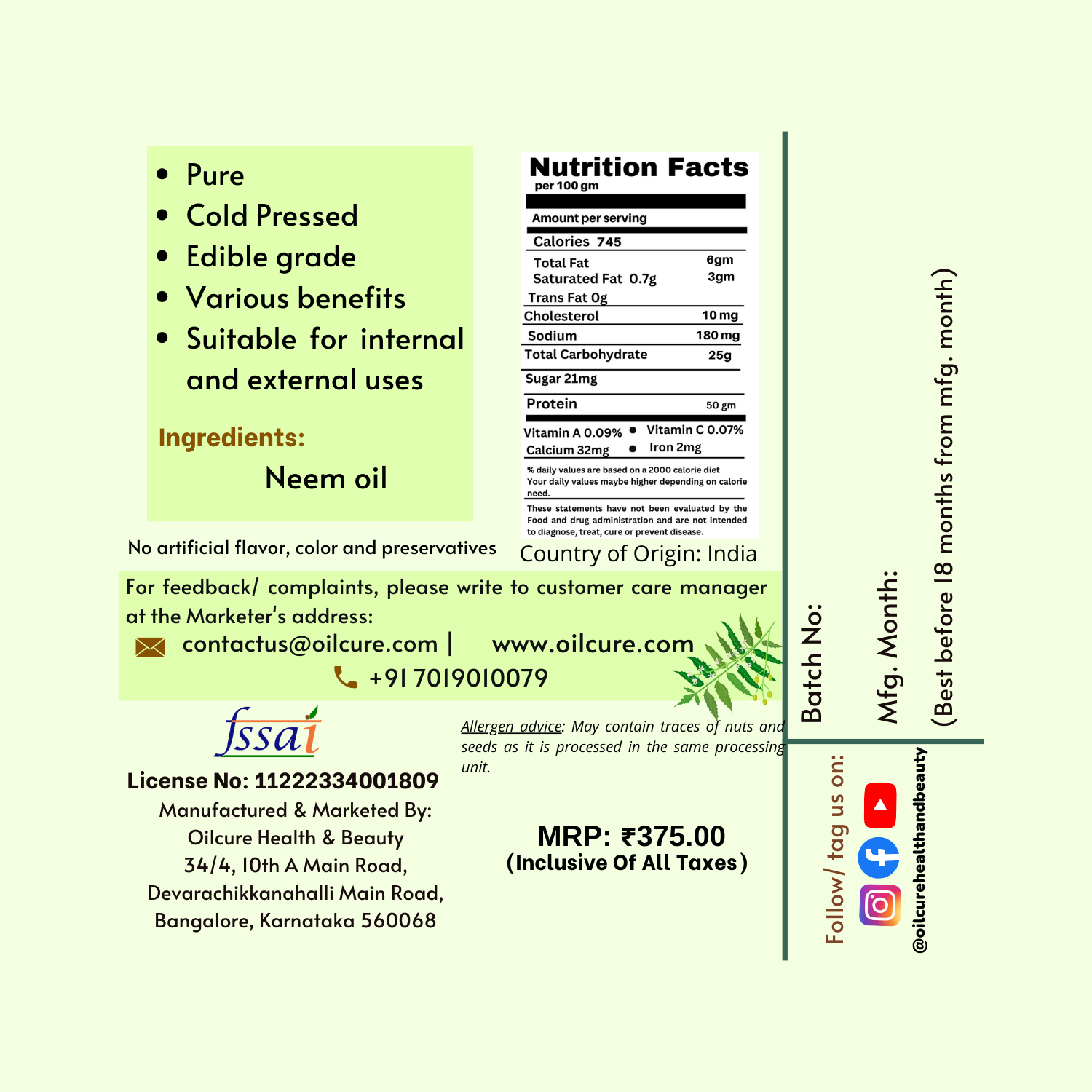 Oilcure Neem Oil Cold Pressed- 500 ml