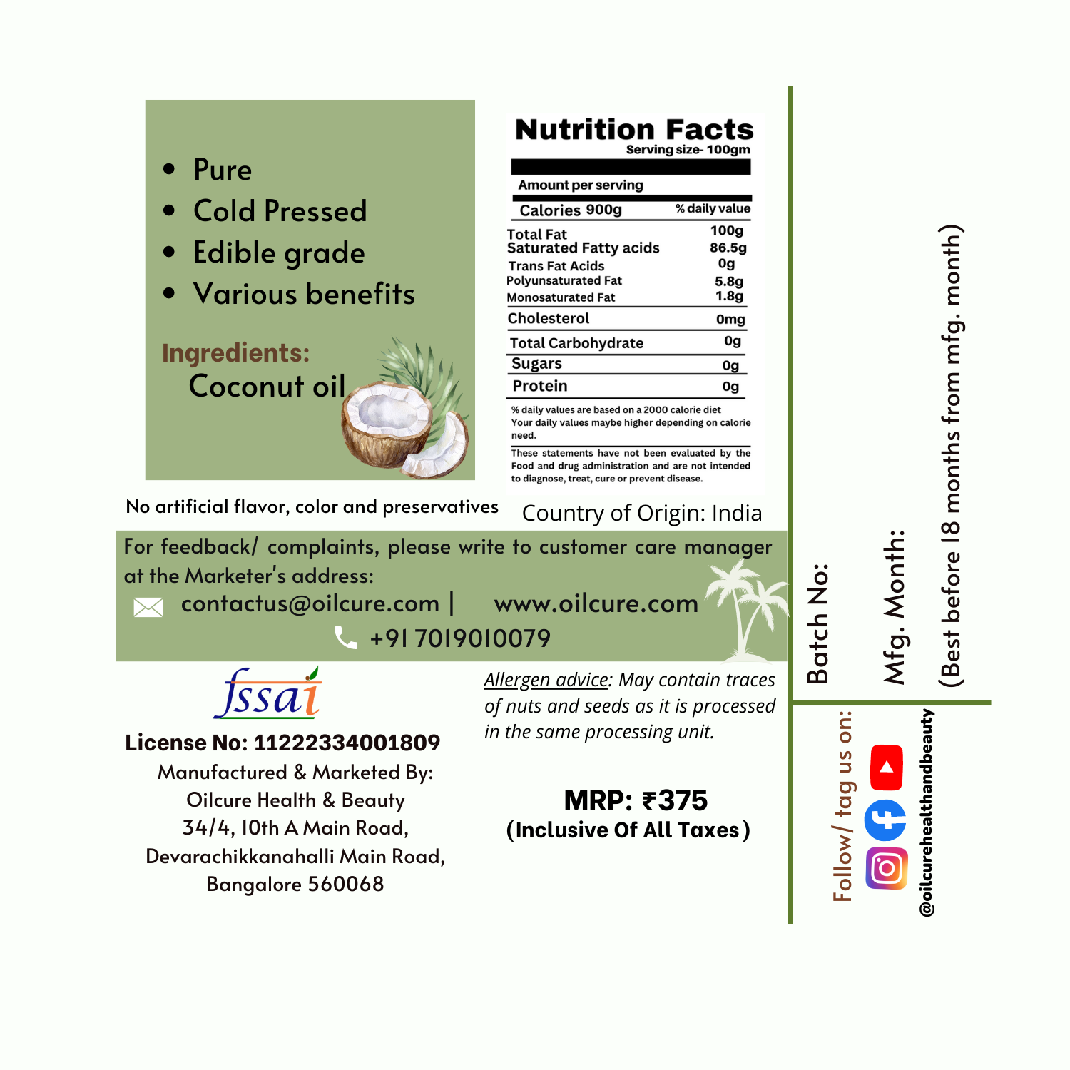 Oilcure Coconut Oil Cold Pressed- 500 ml