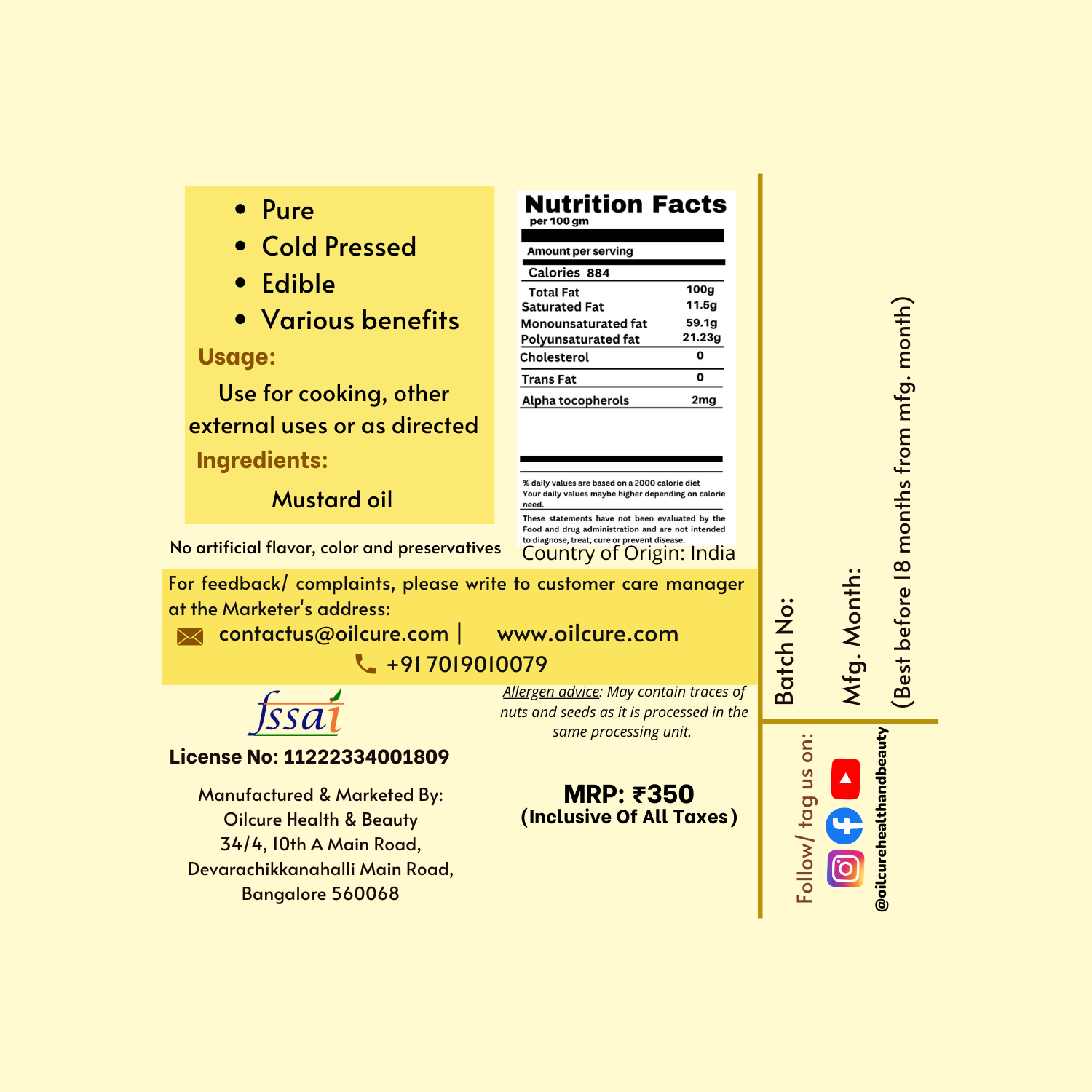 Oilcure Mustard Oil Cold Pressed- 500 ml