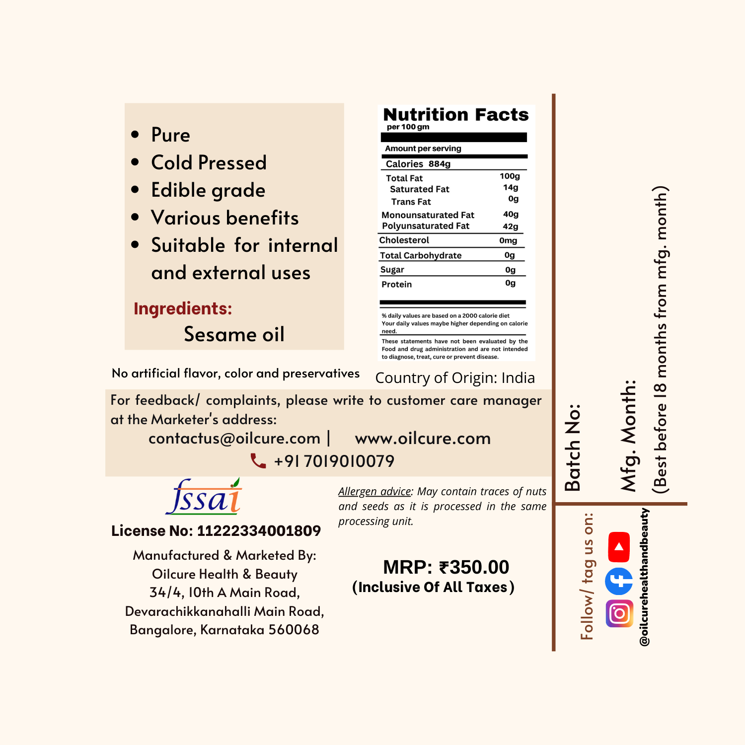 Oilcure Virgin Sesame Oil - 500 ml