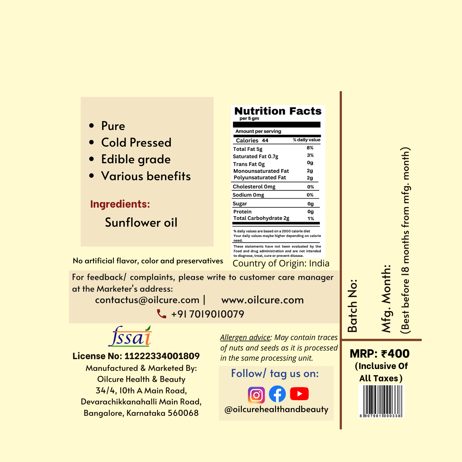 Oilcure Virgin Sunflower Oil - 500ml