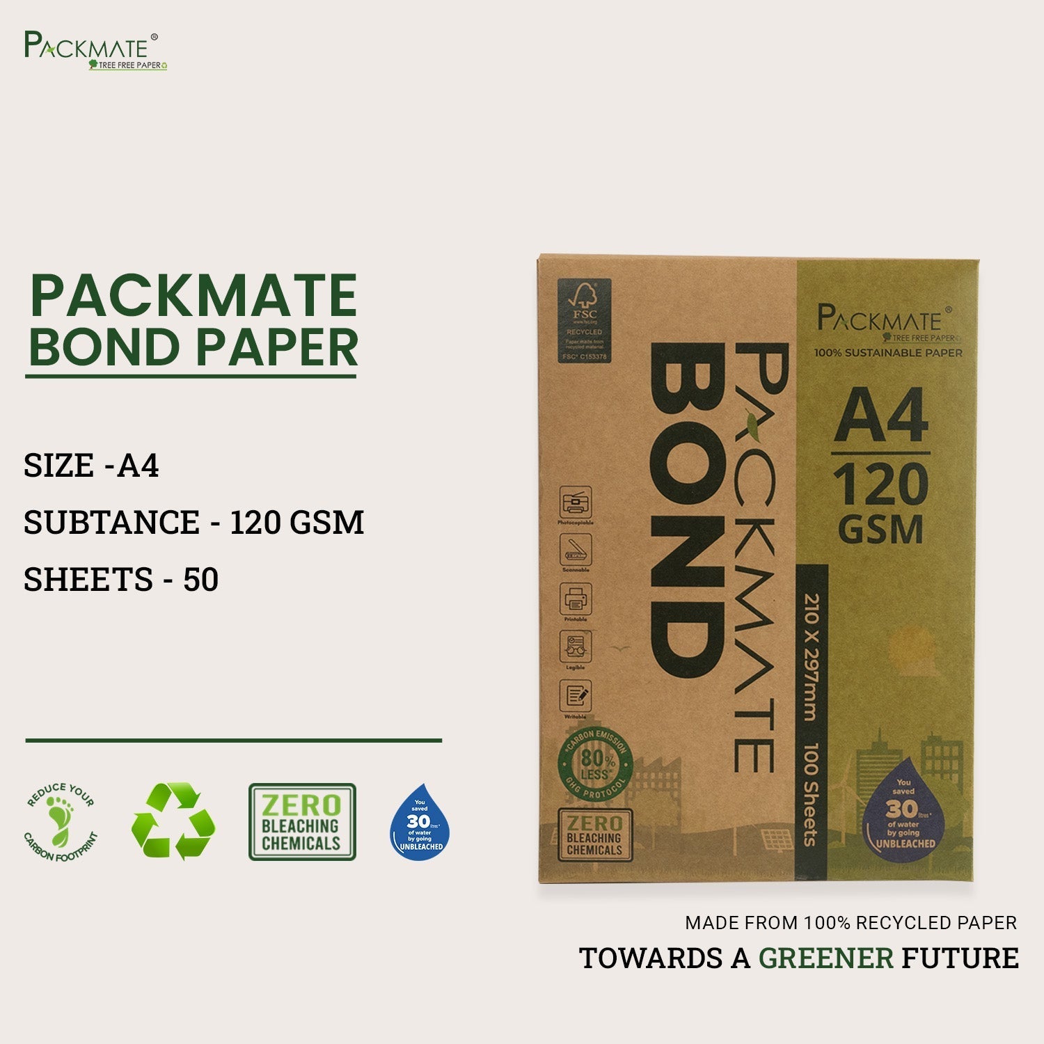 Packmate - Bond Paper (120 GSM | A4 Size - 100 Sheets)| Made From 100% Recycled Paper