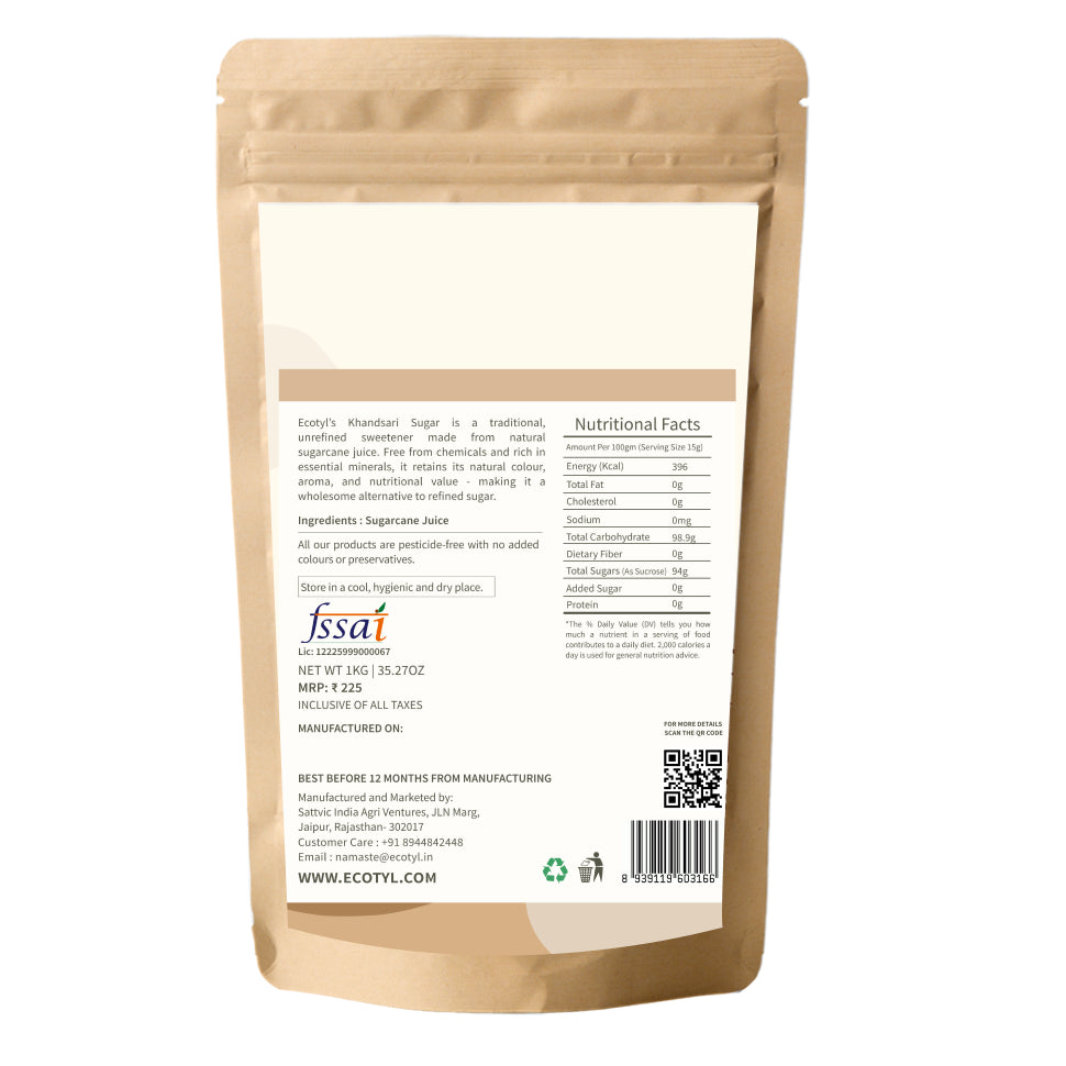 Ecotyl Khandsari Sugar | Unrefined Natural Sweetener | Rich in Minerals | 1kg