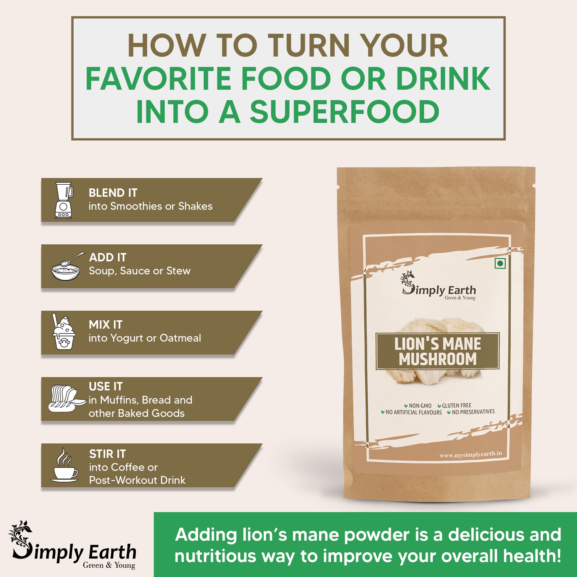 Simply Earth Lion's Mane Mushroom Extract Powder 10:1 - 60GM