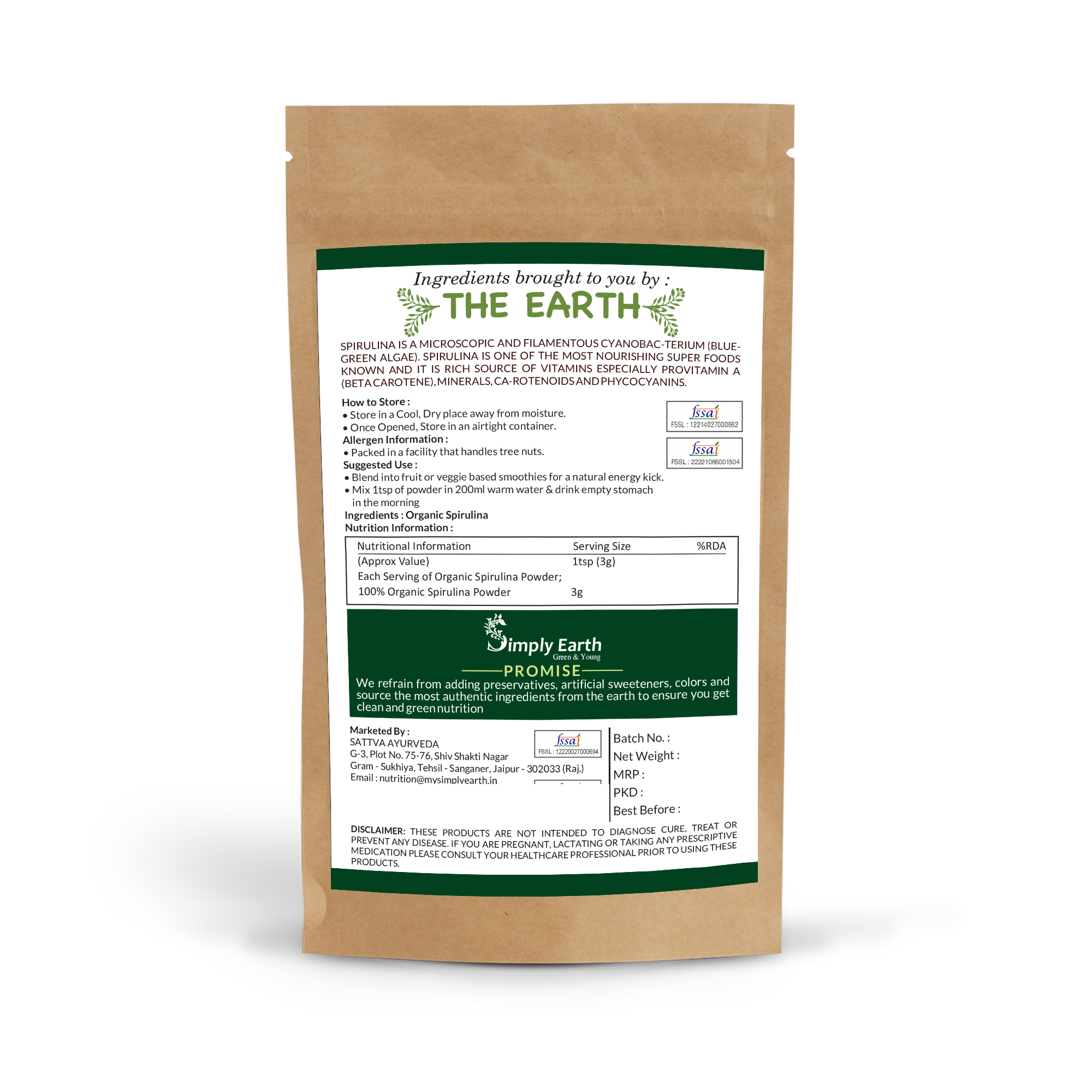 Simply Earth Organic Spirulina Powder - 100g Veg Powder