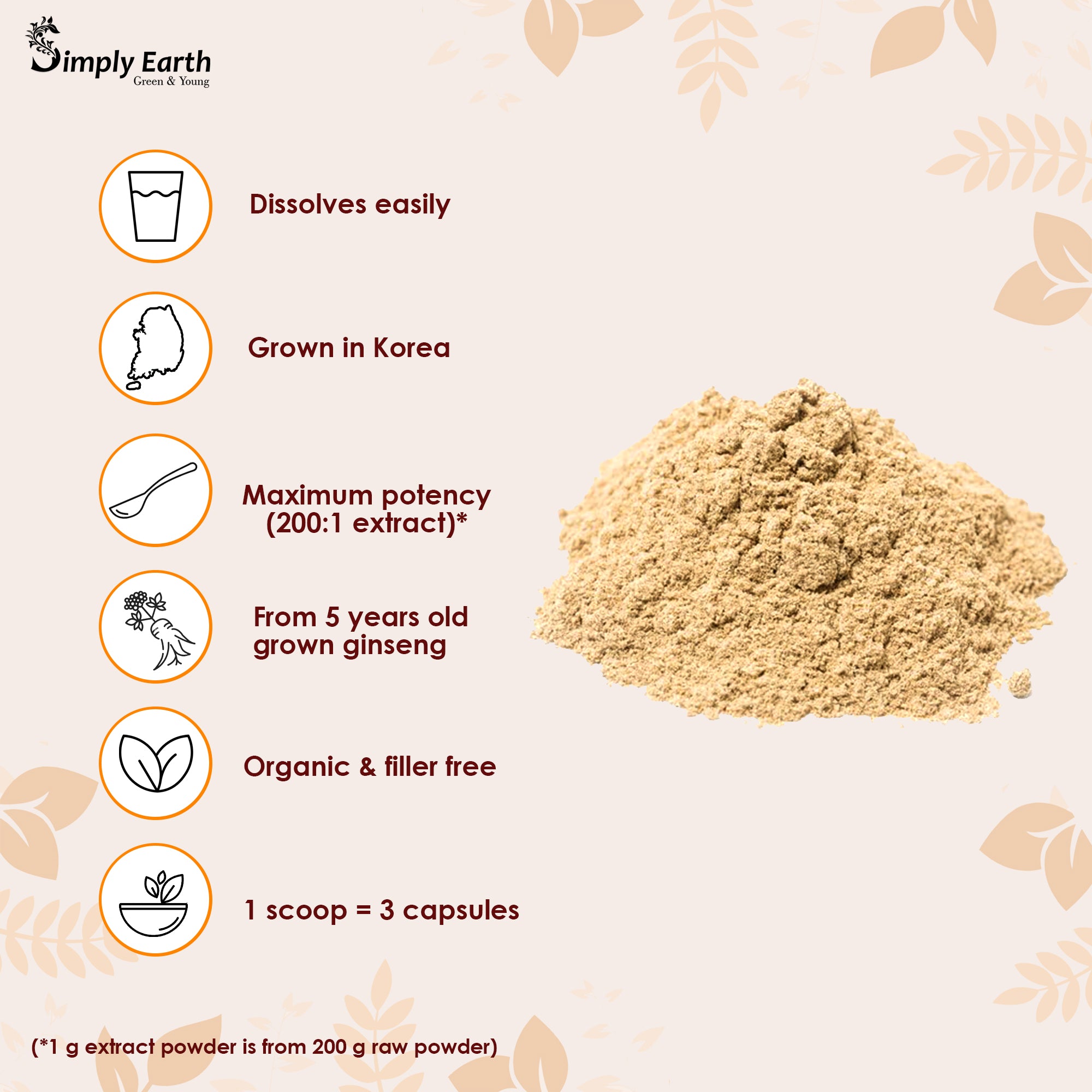 Simply Earth Panax Ginseng Powder, Korean Red Ginseng - 100 GM