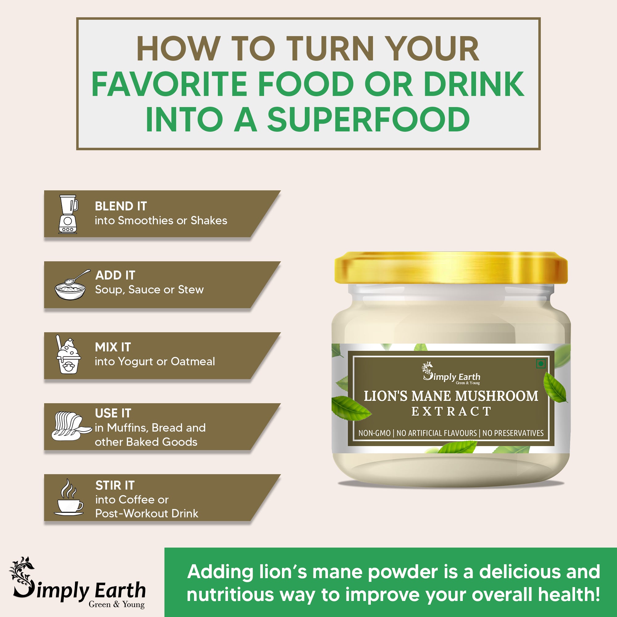 Simply Earth Lion's Mane Mushroom Extract Powder 10:1 - 50 GM