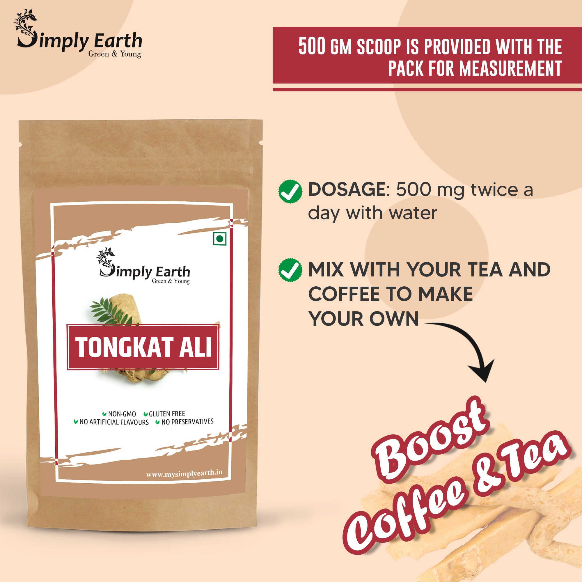 Simply Earth Organic Tongkat Ali Longjack Root Extract Powder 100:1 - 50 GM