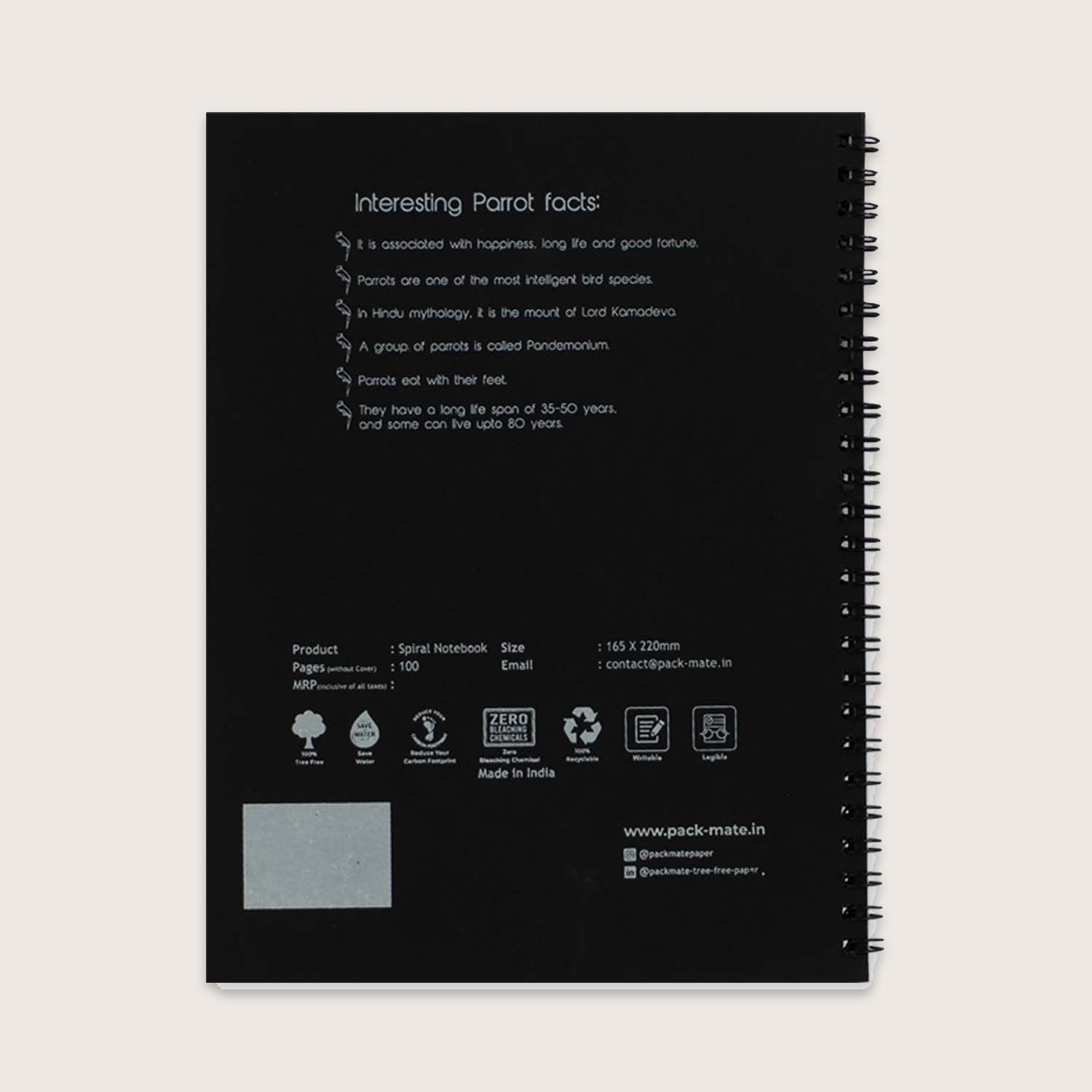 Packmate Spiral Notebook - (Pack of 5) Made From 100% Recycled Paper ( cover design: Origami Parrot)