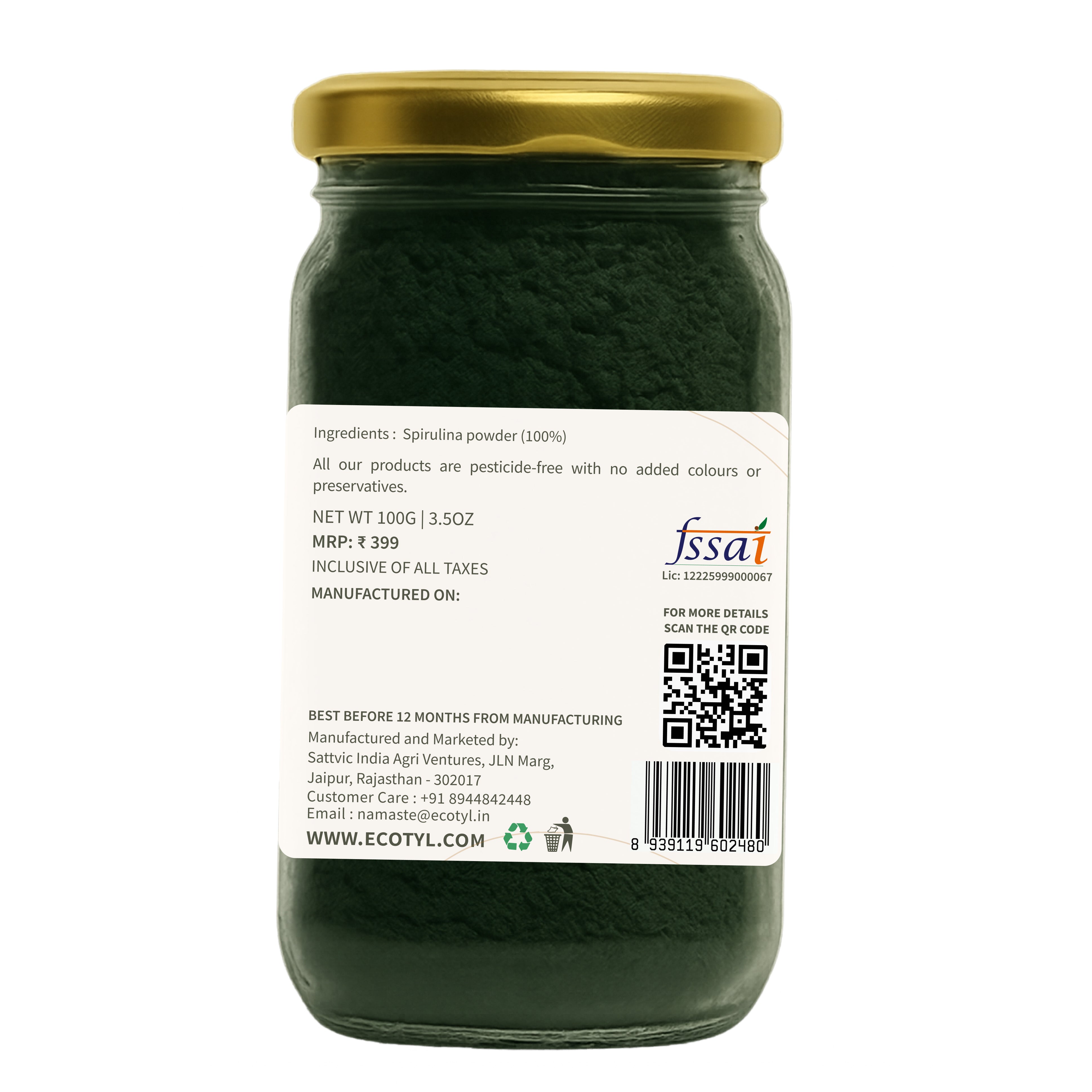 Ecotyl Spirulina Powder | Superfood | High Protein & Nutrients | 100g
