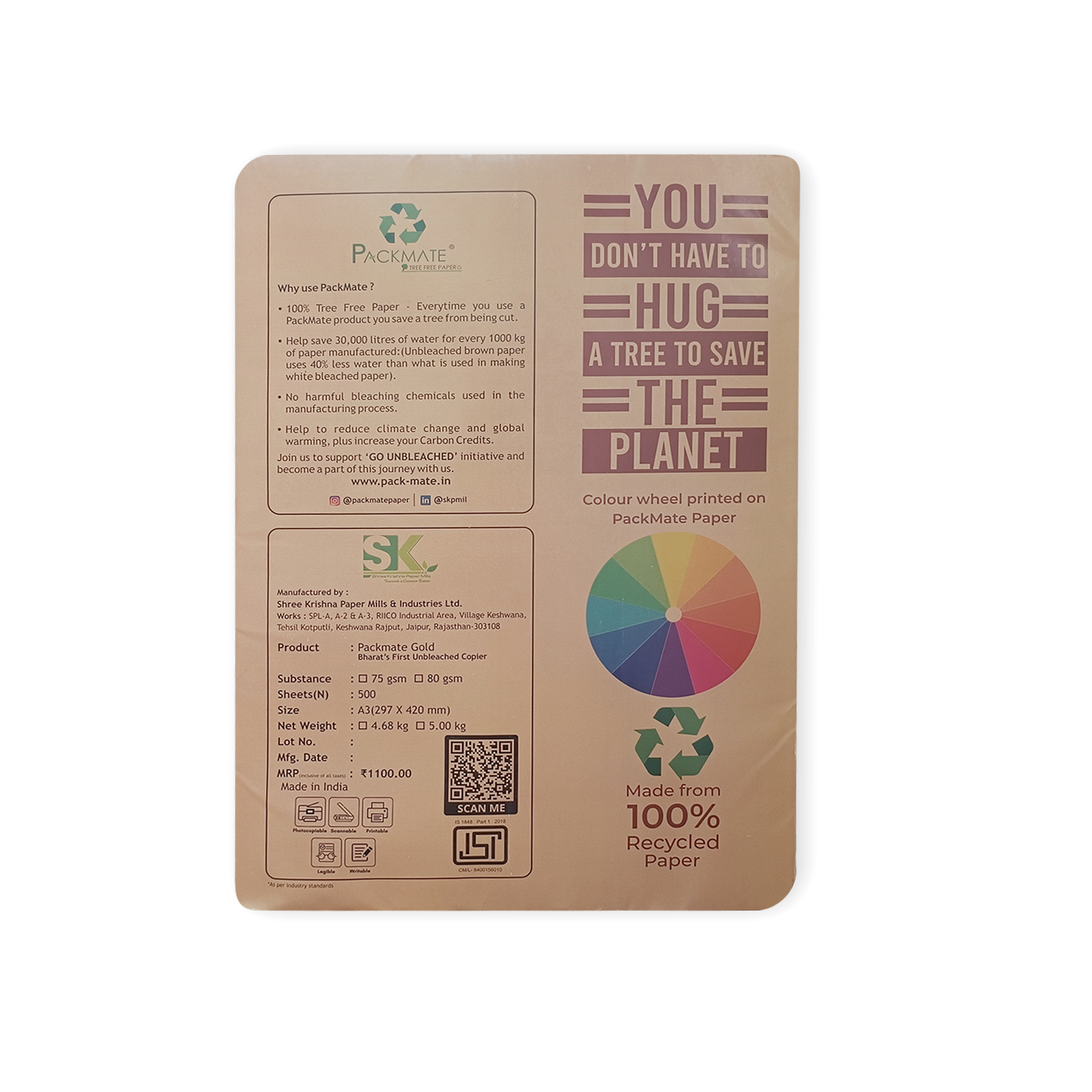 Packmate Silvercote Unbleached Copier - Natural Shade - A3 Size - Made Using 100% Recycled Paper- Tree Free Paper - 1 Ream - 500 sheets