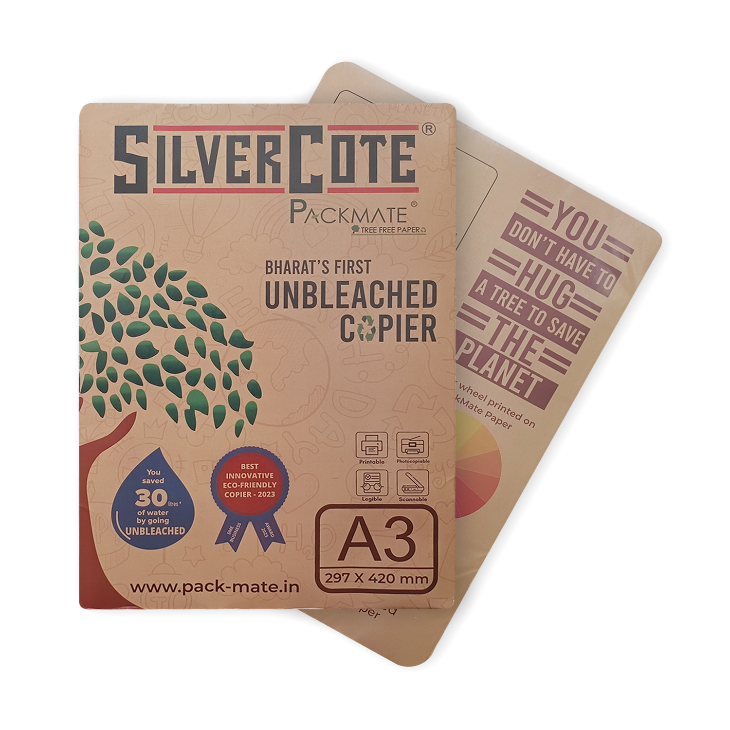 Packmate Silvercote Unbleached Copier - Natural Shade - A3 Size - Made Using 100% Recycled Paper- Tree Free Paper - 1 Ream - 500 sheets