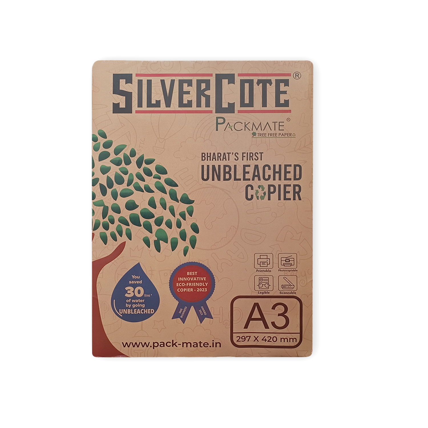 Packmate Silvercote Unbleached Copier - Natural Shade - A3 Size - Made Using 100% Recycled Paper- Tree Free Paper - 1 Ream - 500 sheets