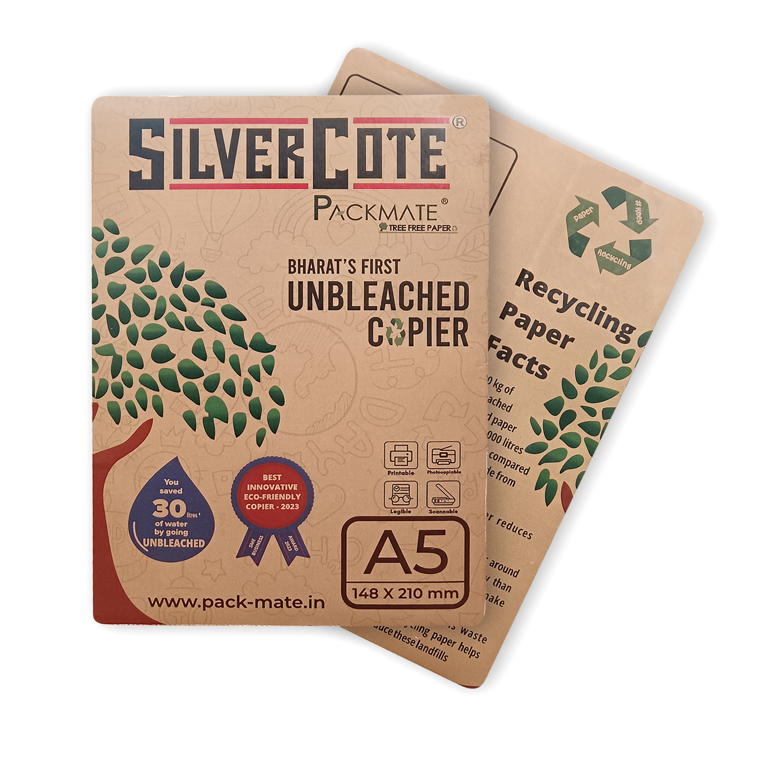 Packmate Silvercote Unbleached Copier - Natural Shade - A5 Size - | Made of 100% Recycled Paper - Tree Free Paper - 2 Ream - 1000 sheets