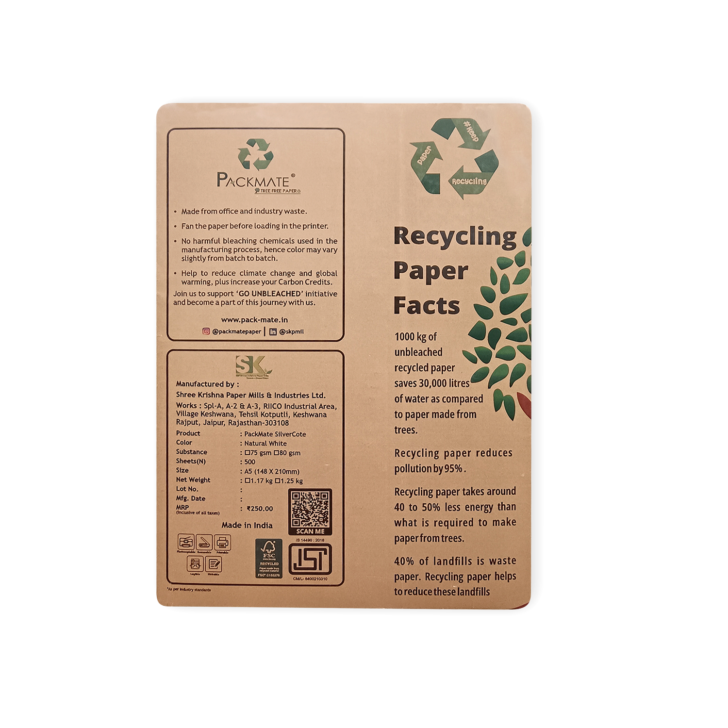 Packmate Silvercote Unbleached Copier - Natural Shade - A5 Size - | Made of 100% Recycled Paper - Tree Free Paper - 2 Ream - 1000 sheets