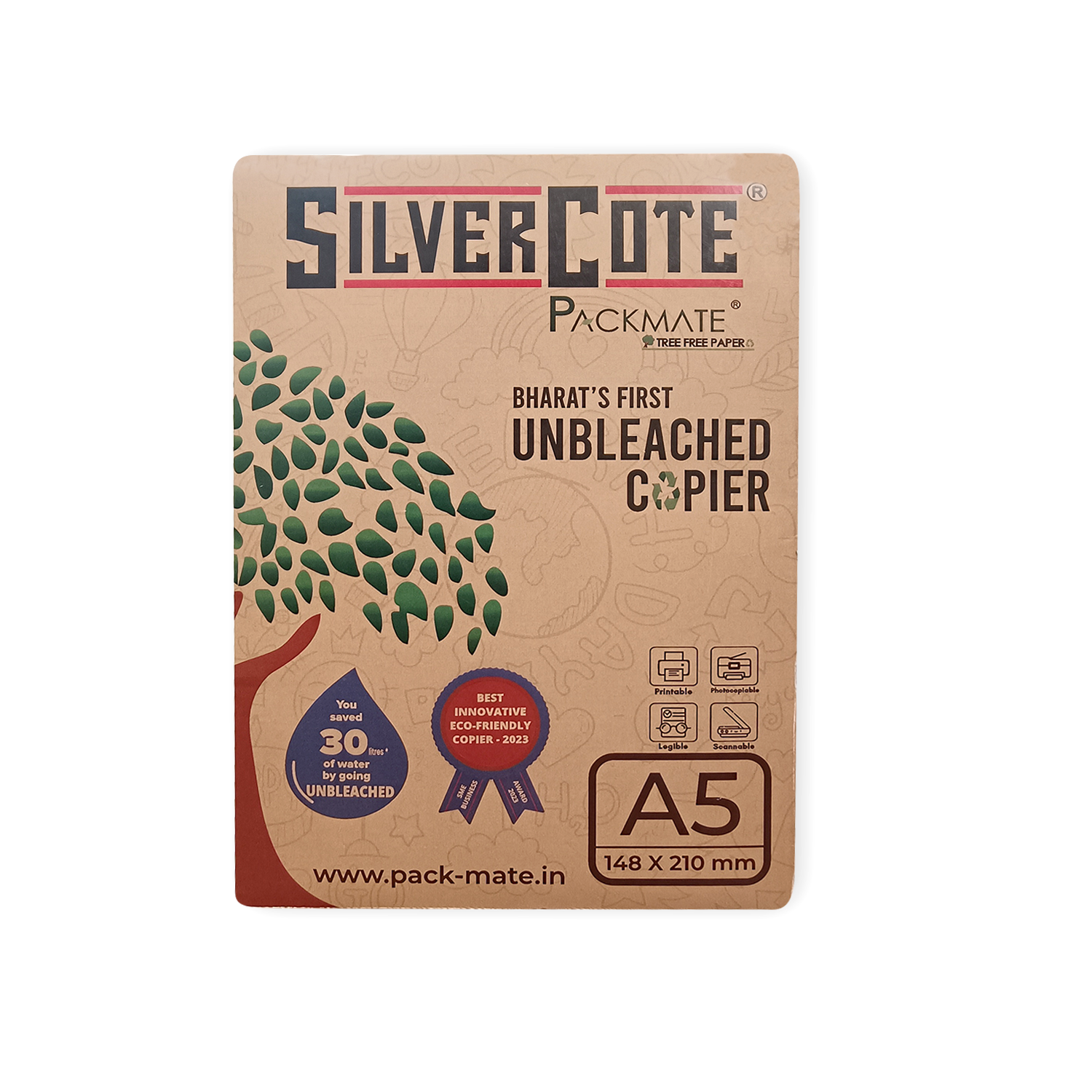 Packmate Silvercote Unbleached Copier - Natural Shade - A5 Size - | Made of 100% Recycled Paper - Tree Free Paper - 2 Ream - 1000 sheets