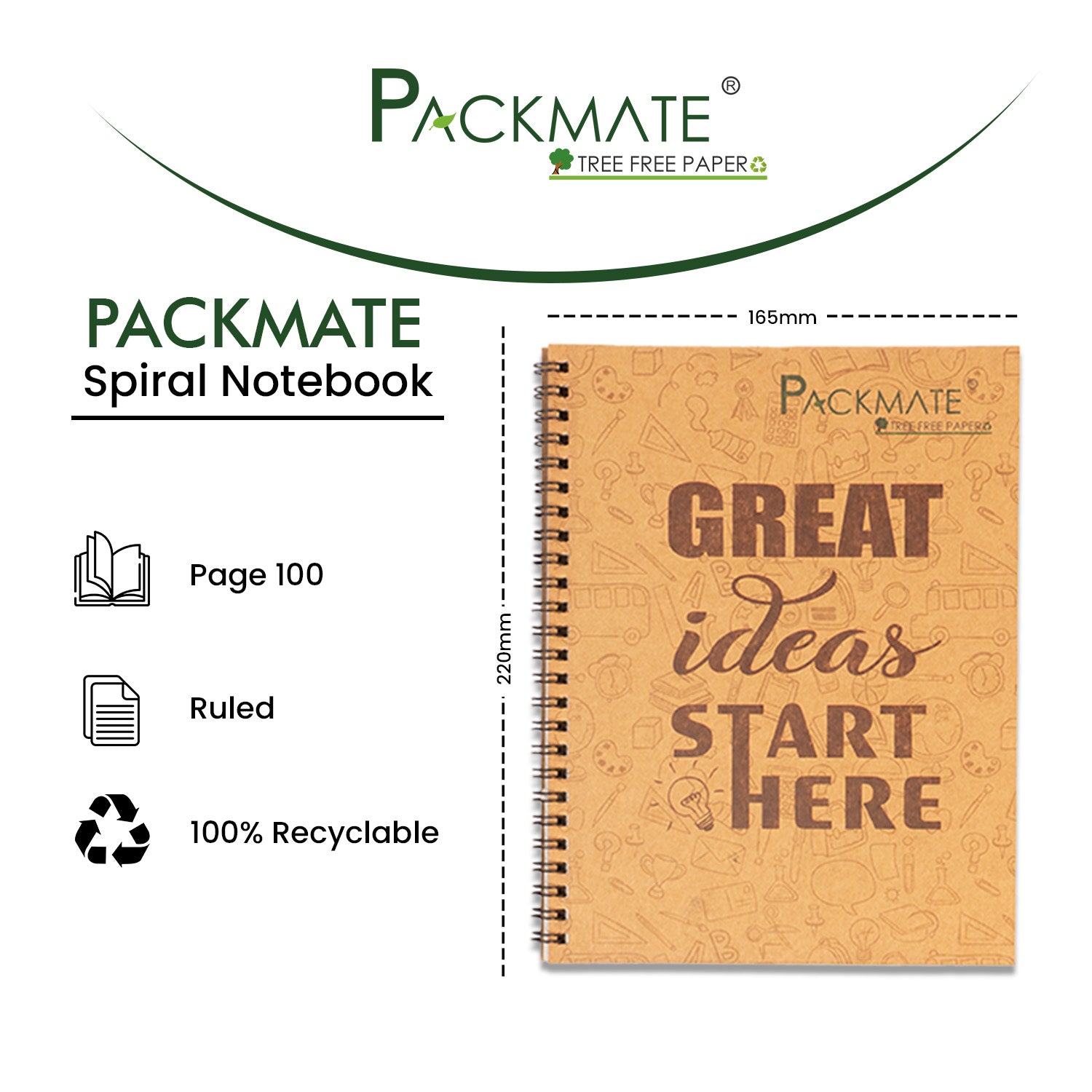 PackMate Spiral Notebook | For Office & Personal Use | Made Using 100% Recycled Paper ( cover design: Great ideas start here)