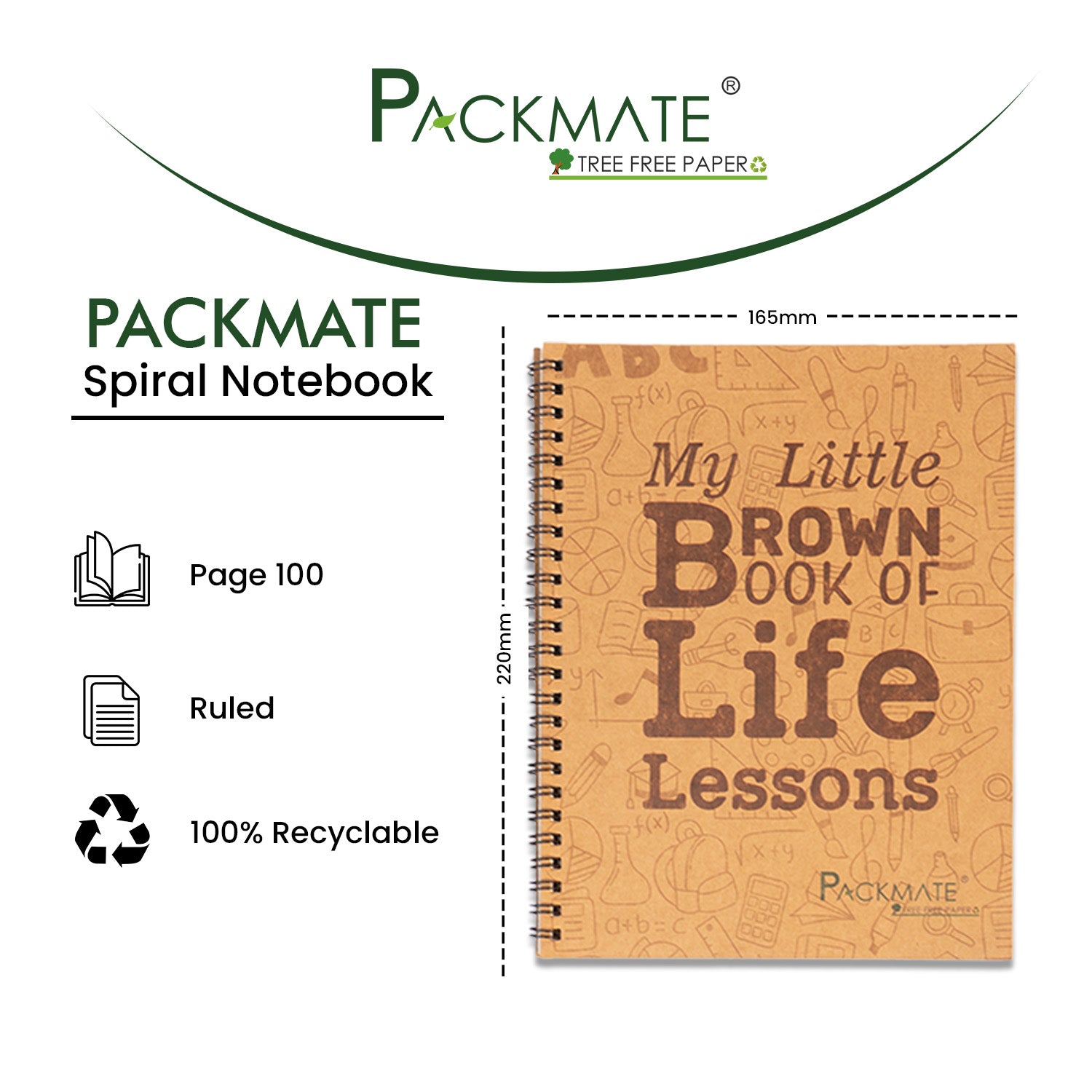 PackMate Spiral Notebook | For Office & Personal Use | Made Using 100% Recycled Paper ( cover design: my little brown book of life lessons)