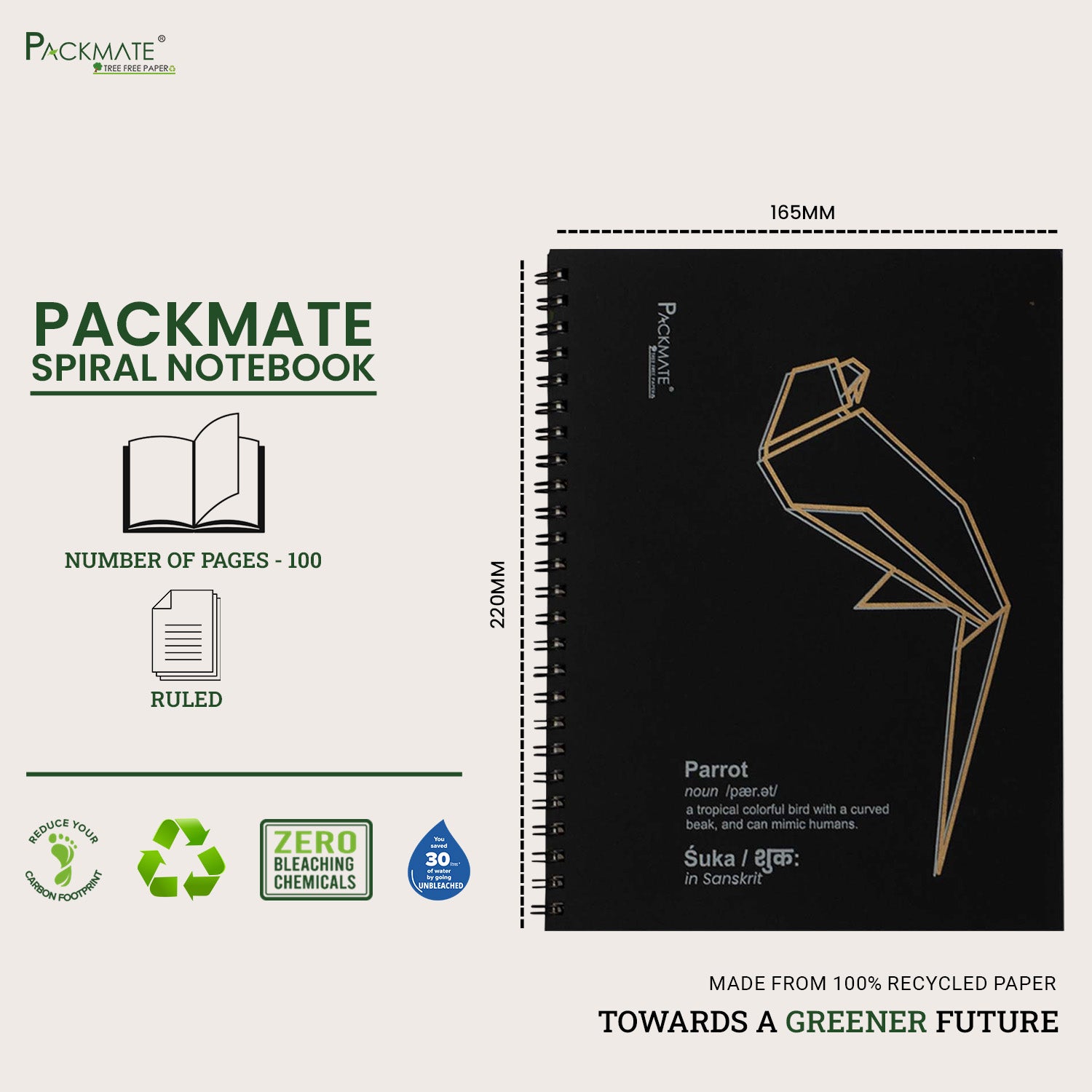 Packmate Spiral Notebook - (Pack of 5) Made From 100% Recycled Paper ( cover design: Origami Parrot)