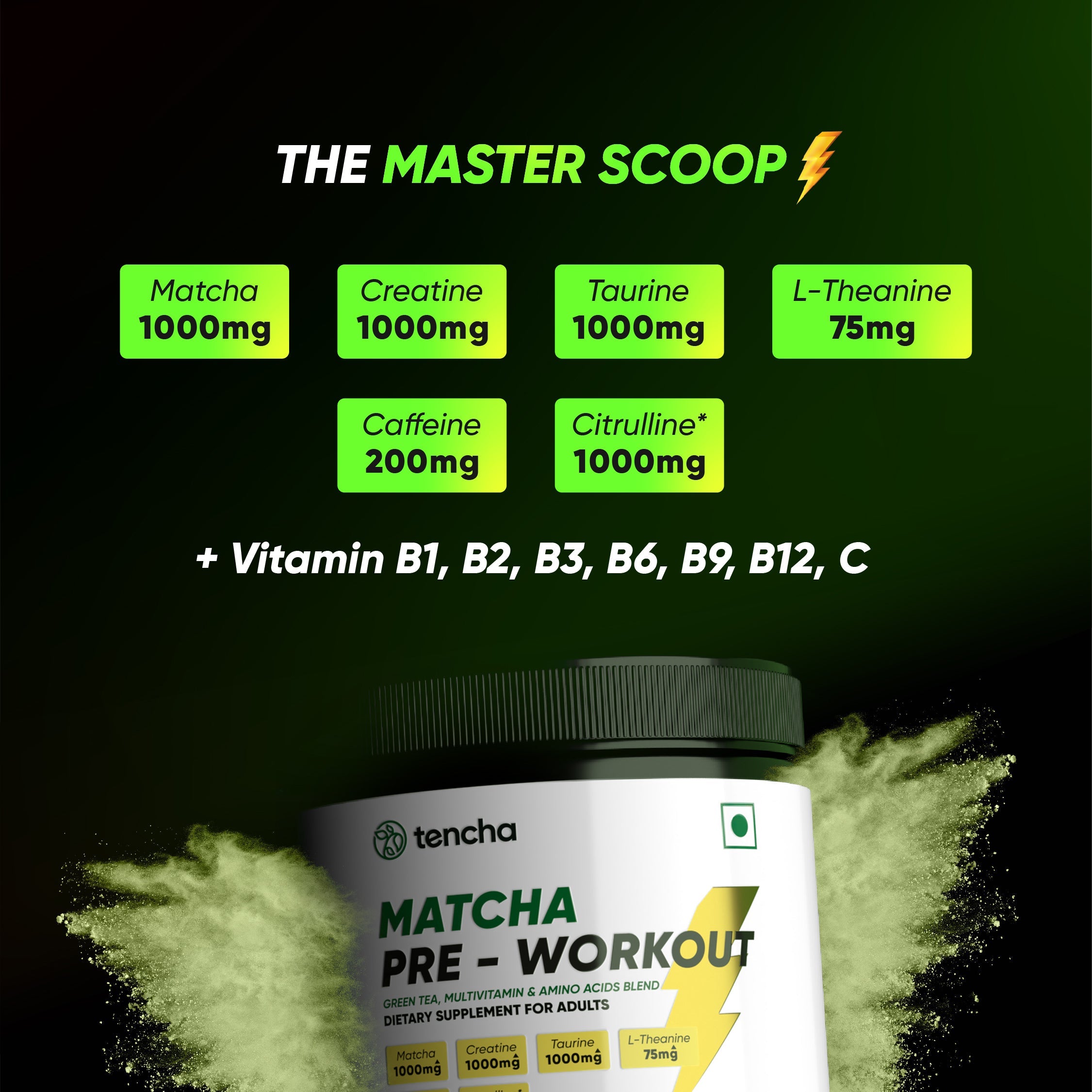 Tencha Pre Workout Supplements For Men & Women, 180G Powder, 30 Servings