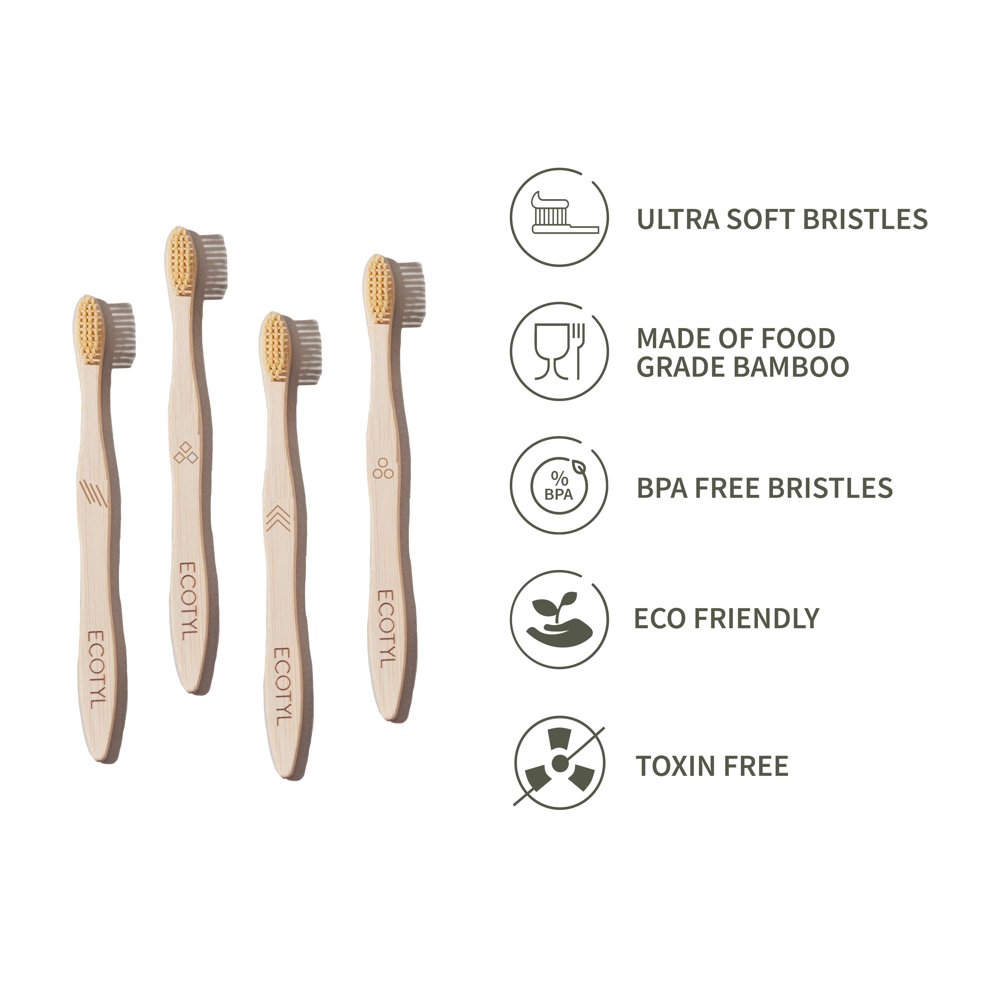 Ecotyl Bamboo Tooth Brush | Ultra Soft Bristles | Thorough Cleaning | Set of 4