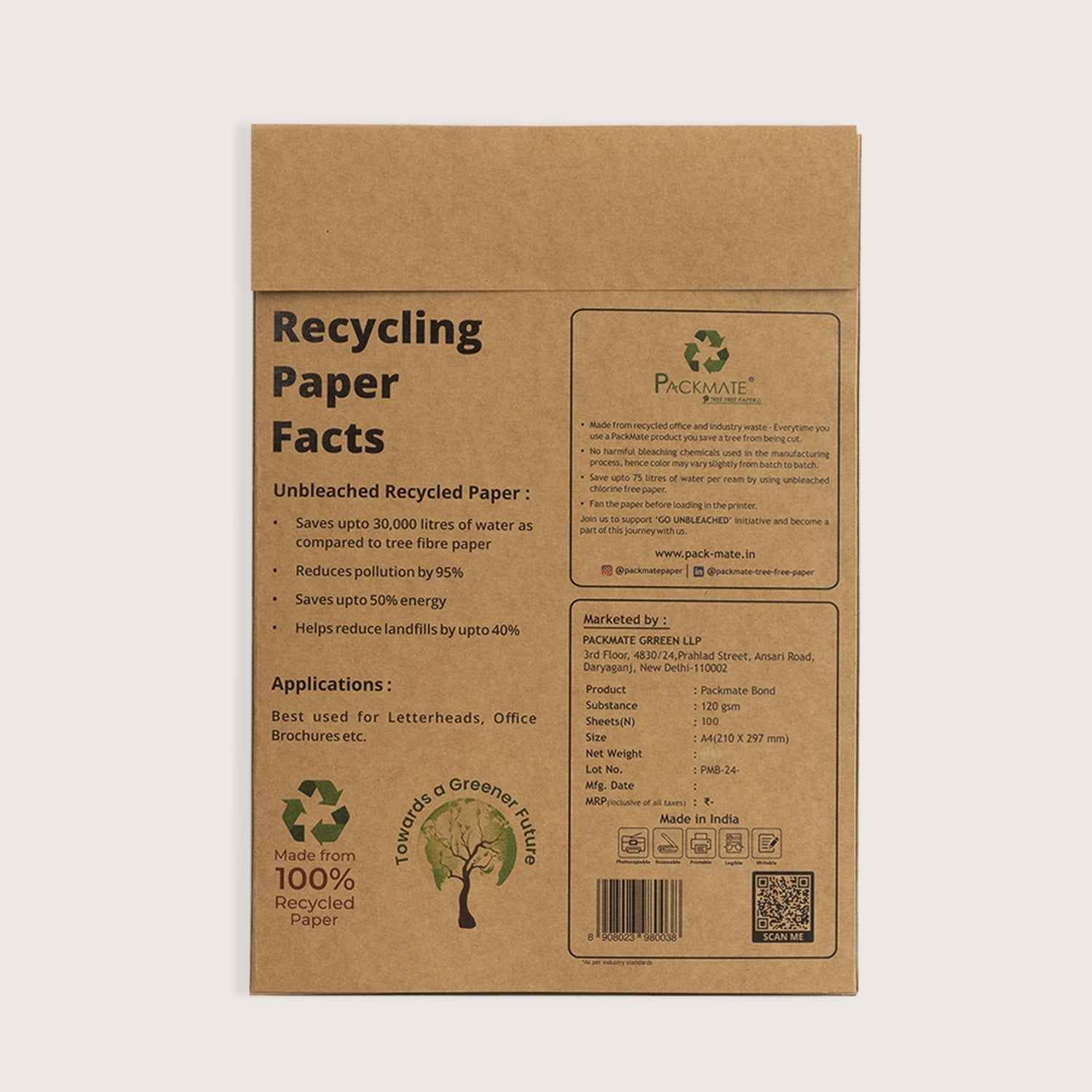 Packmate - Bond Paper (120 GSM | A4 Size - 100 Sheets)| Made From 100% Recycled Paper