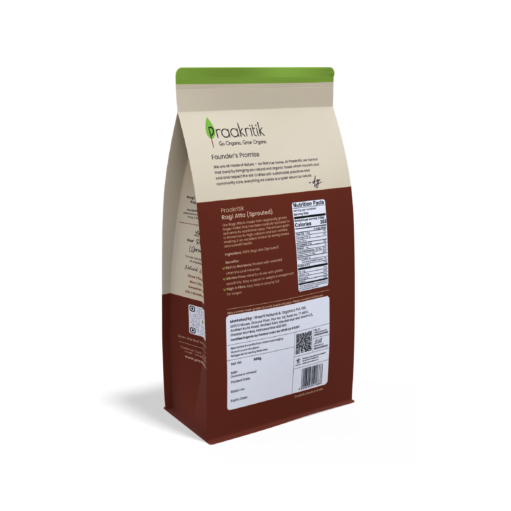 Praakritik Organic Sprouted Ragi Atta 500g