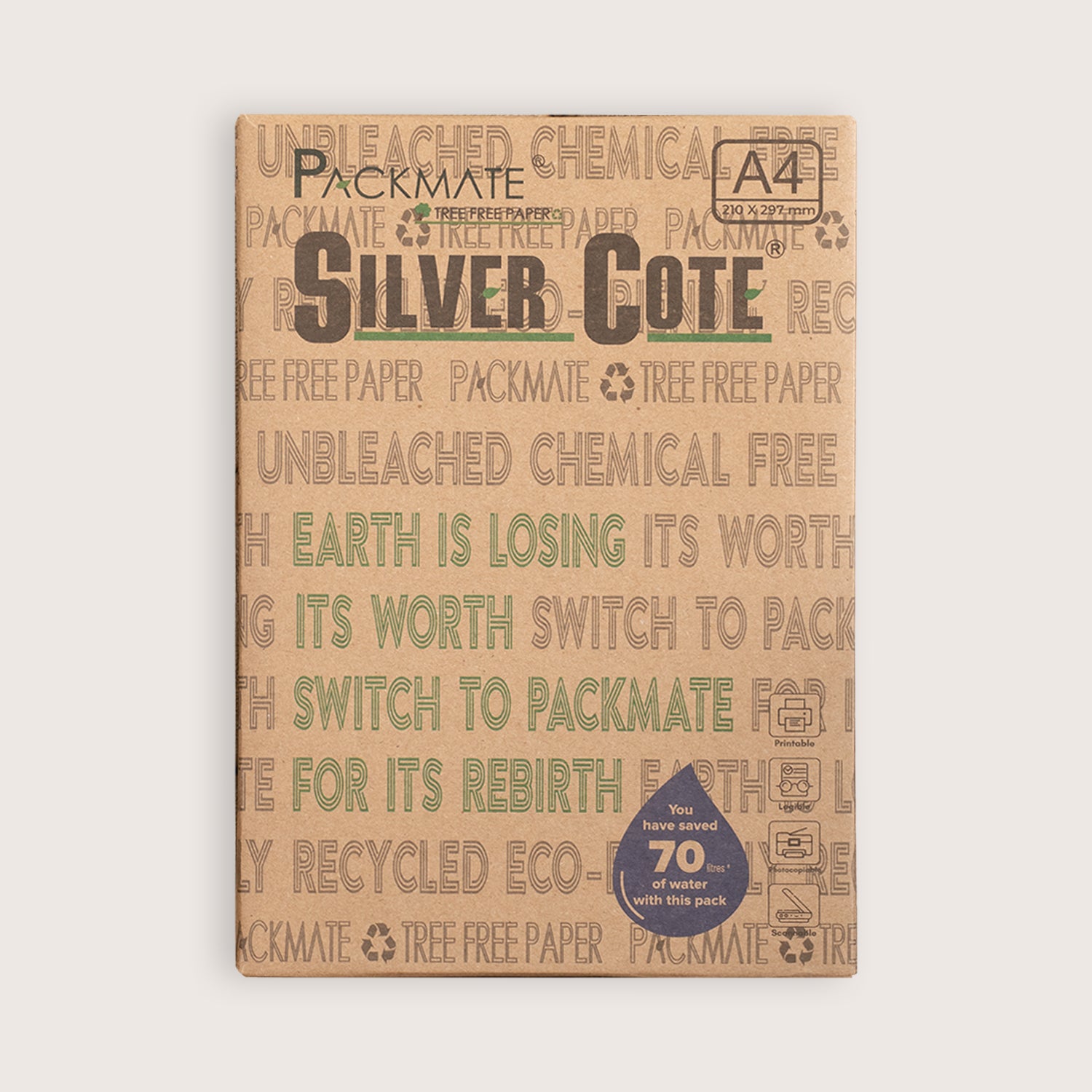 PackMate Silver Cote Unbleached Natural Shade Copier | Made Using 100% Recycled Paper | Biodegradable & Recyclable | Tree Free Paper | A4, 75 GSM, 1 Ream, 500 Sheets