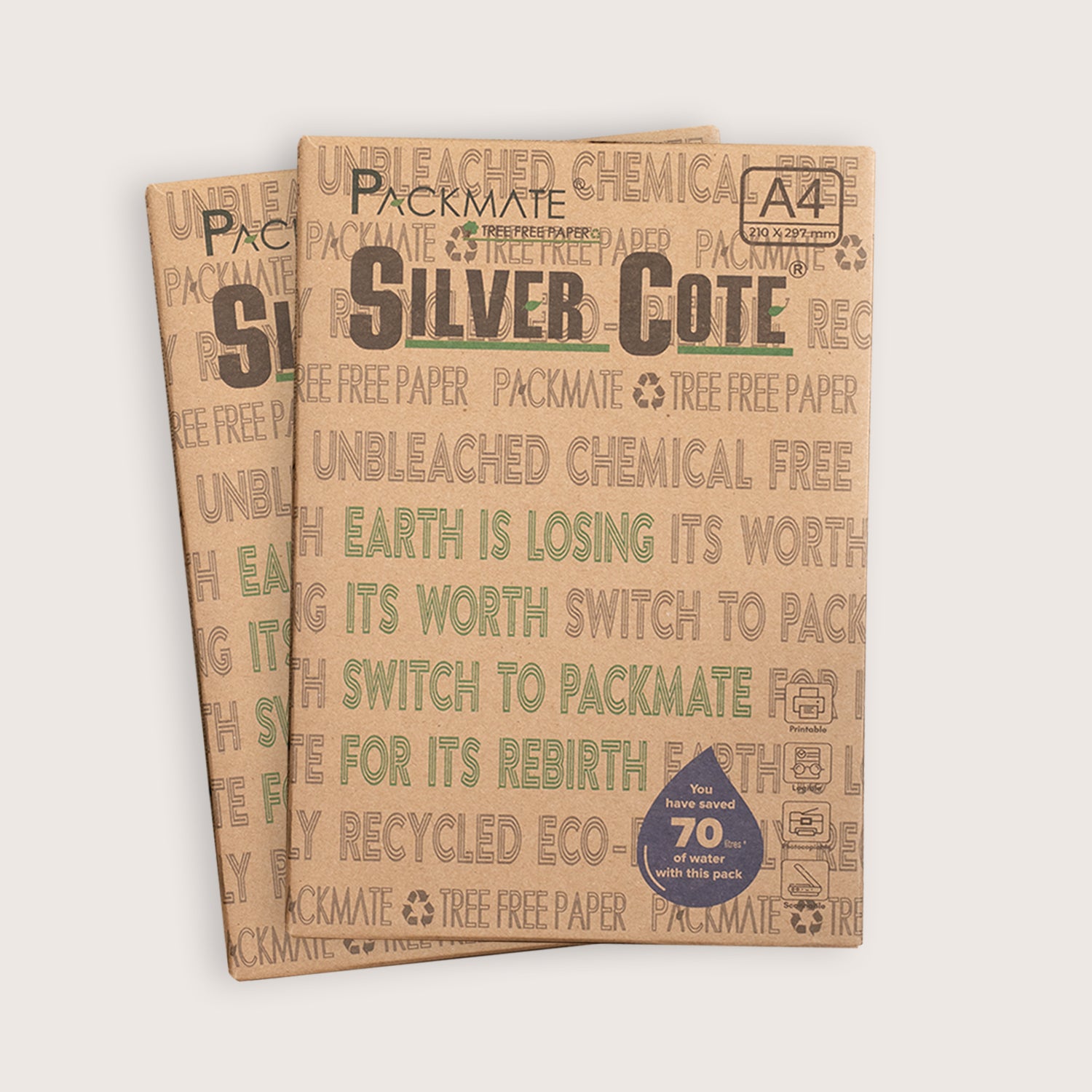 PackMate Silver Cote Unbleached Natural Shade Copier | Made Using 100% Recycled Paper | Biodegradable & Recyclable | Tree Free Paper | A4, 75 GSM, 1 Ream, 500 Sheets