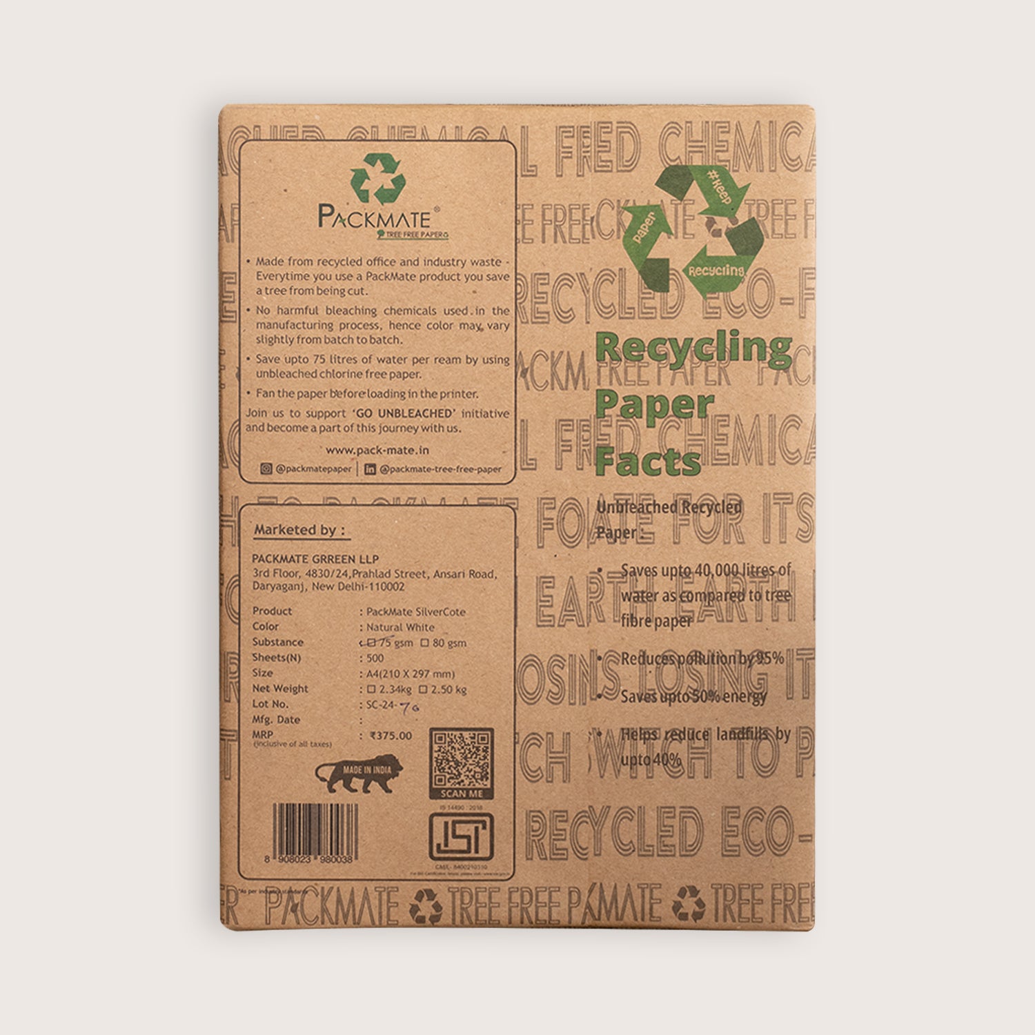PackMate Silver Cote Unbleached Natural Shade Copier | Made Using 100% Recycled Paper | Biodegradable & Recyclable | Tree Free Paper | A4, 75 GSM, 1 Ream, 500 Sheets