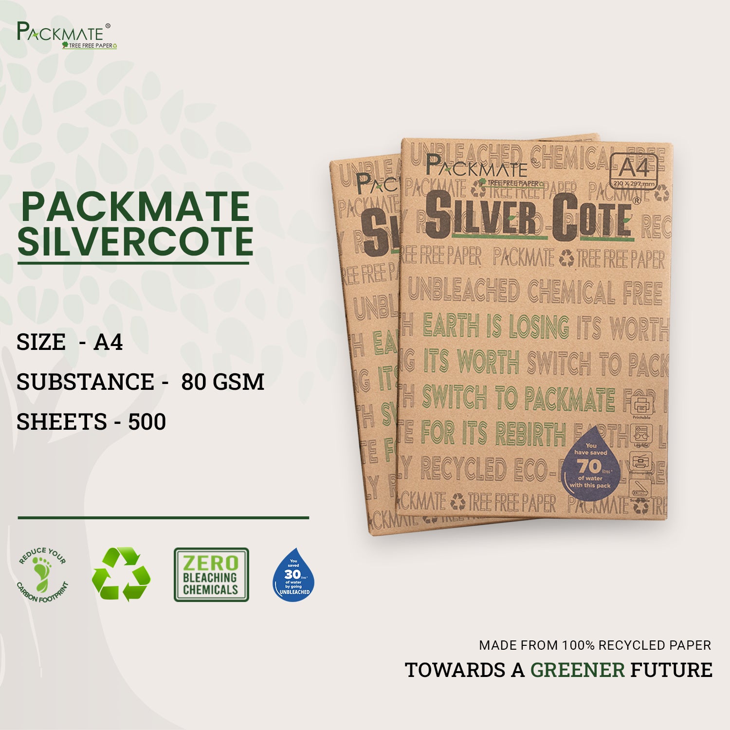 PackMate Silver Cote Unbleached Natural Shade Copier | Made Using 100% Recycled Paper | Biodegradable & Recyclable | Tree Free Paper | A4, 75 GSM, 1 Ream, 500 Sheets