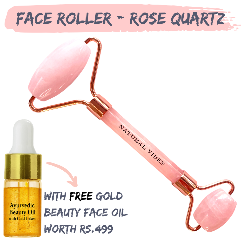 Natural Vibes Rose Quartz Roller & Massager for Face, Neck and Under eye with FREE Gold Beauty Elixir Oil