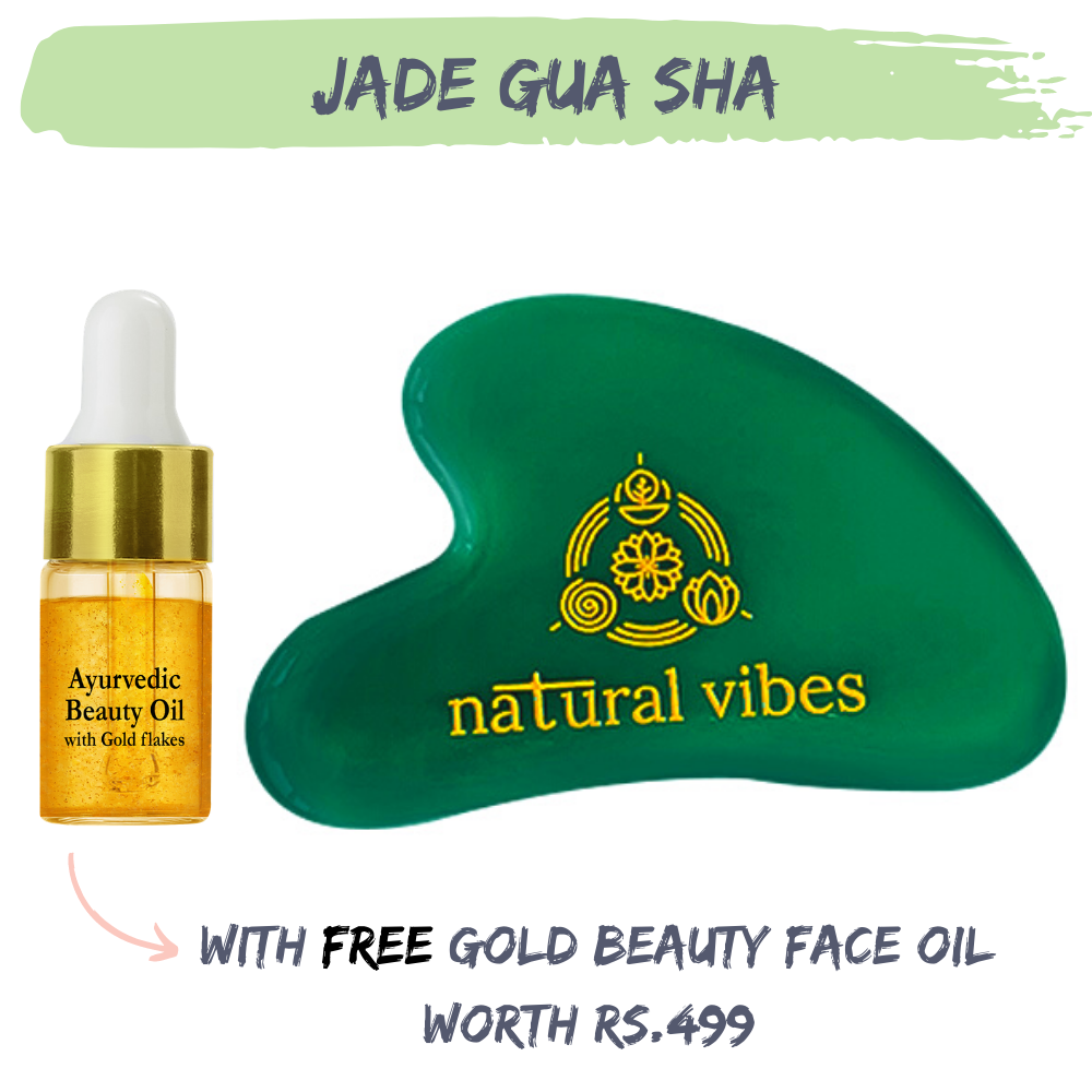 Natural Vibes Jade Gua Sha with FREE Gold Beauty Elixir Oil 3 ml For Face, Neck and Under eye