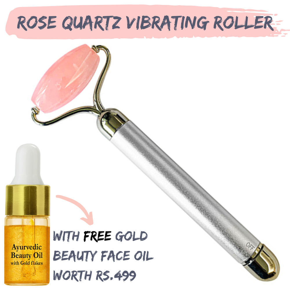 Natural Vibes Rose Quartz Vibrating Roller with FREE Gold Beauty Elixir Oil for Face, Neck and Under eye