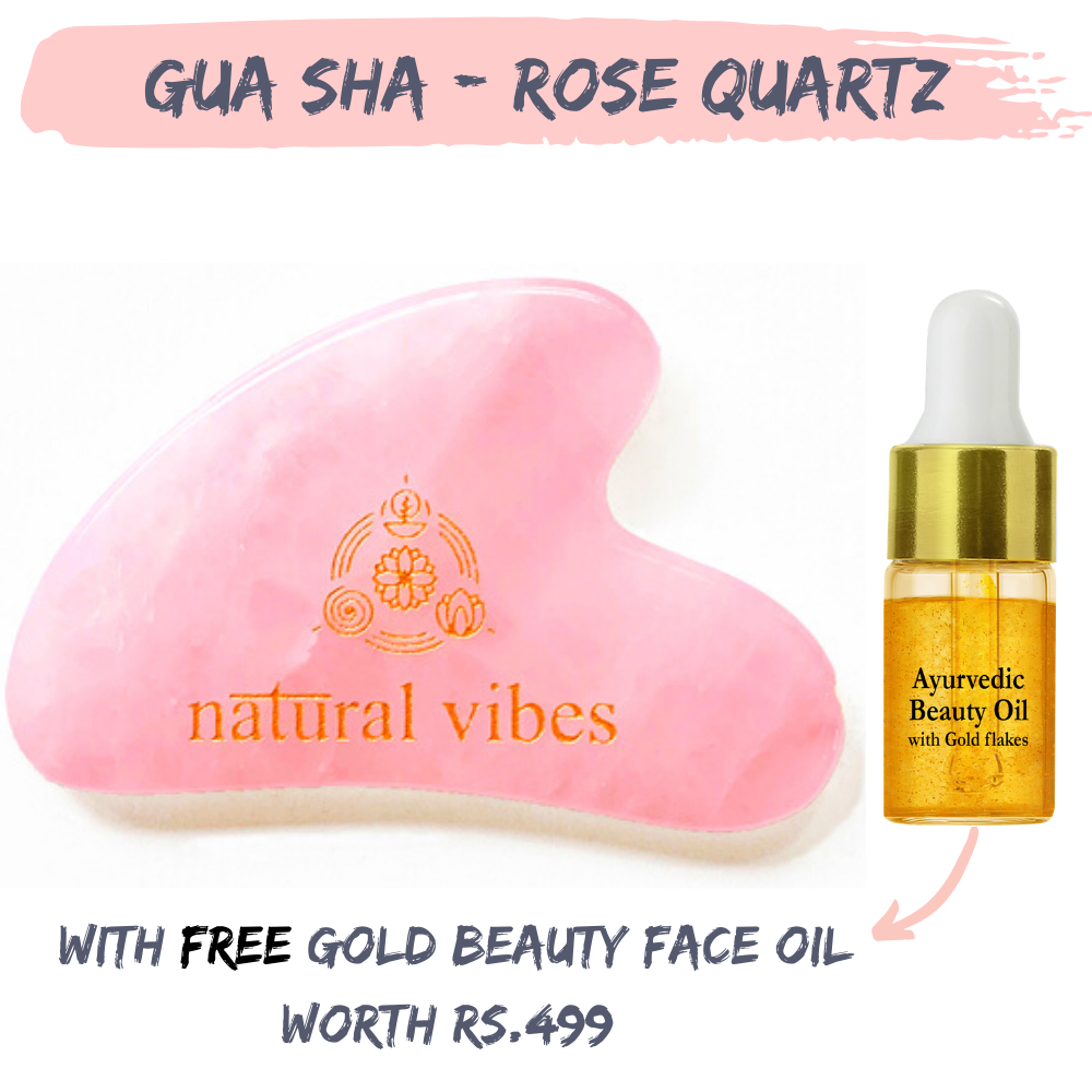 Natural Vibes Rose Quartz Gua Sha For Face, Neck and Under eye with FREE Gold Beauty Elixir Oil 3 ml