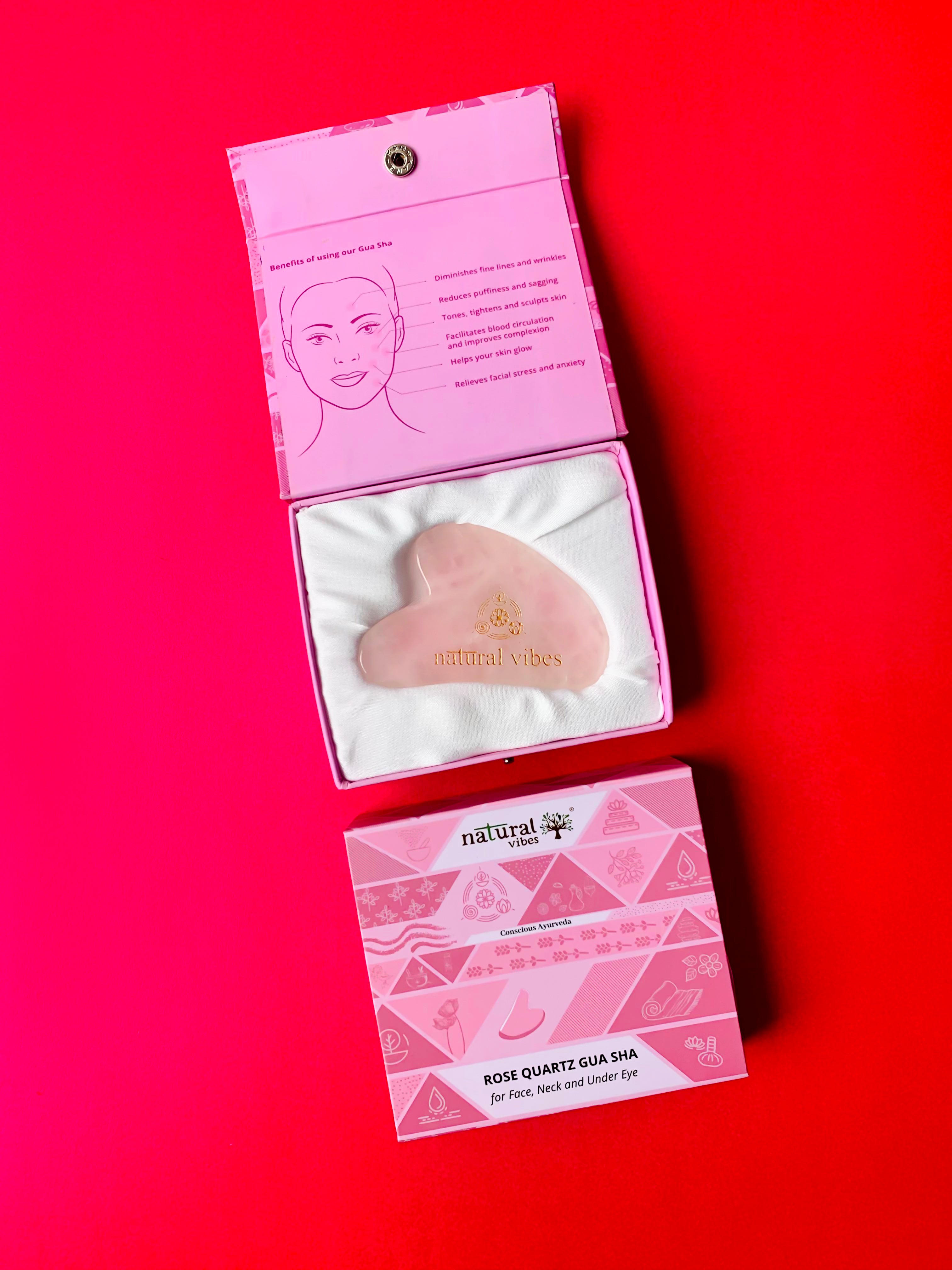 Natural Vibes Rose Quartz Gua Sha For Face, Neck and Under eye with FREE Gold Beauty Elixir Oil 3 ml