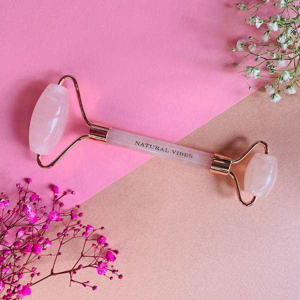 Natural Vibes Rose Quartz Roller & Massager for Face, Neck and Under eye with FREE Gold Beauty Elixir Oil