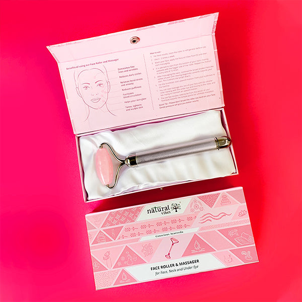 Natural Vibes Rose Quartz Vibrating Roller with FREE Gold Beauty Elixir Oil for Face, Neck and Under eye