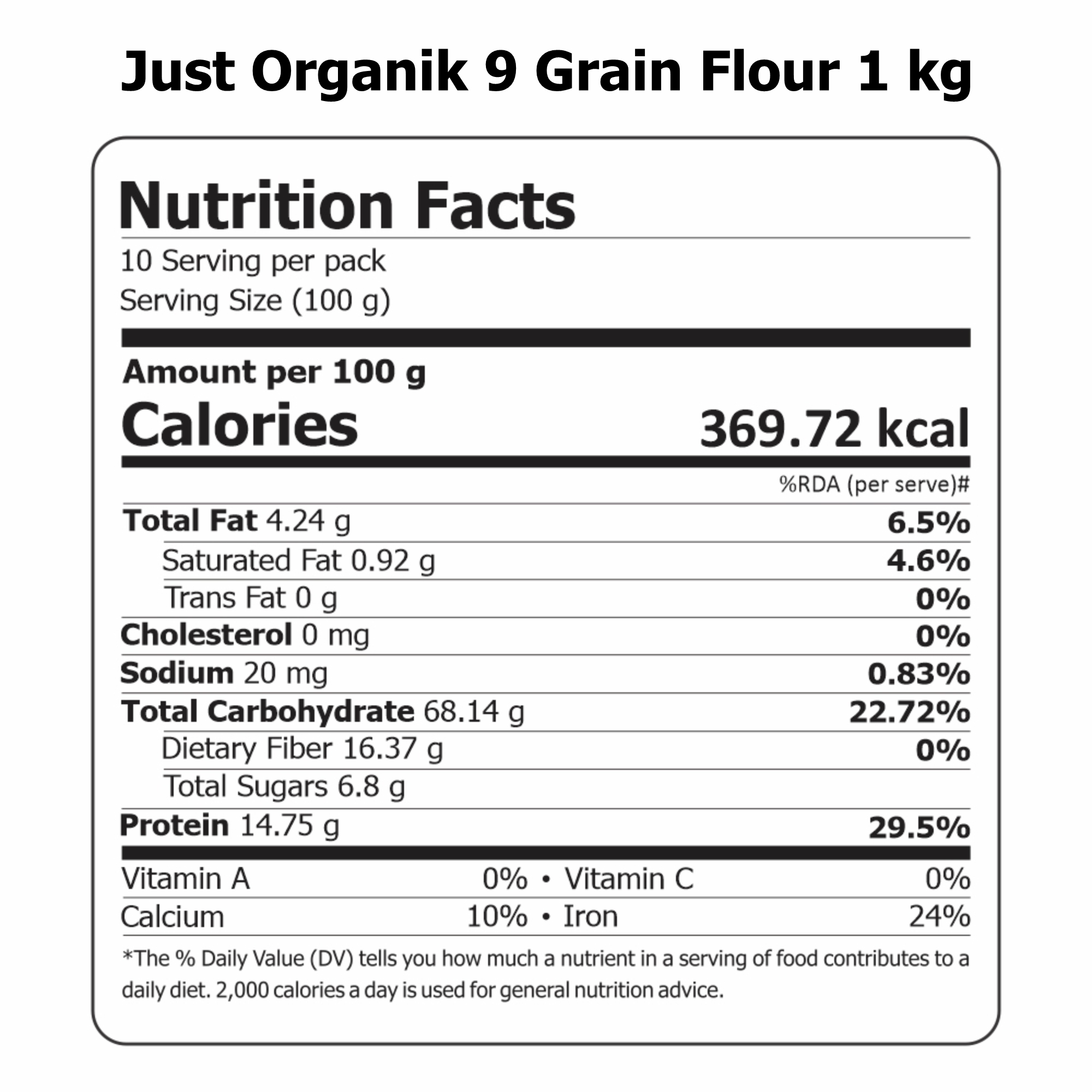 Just Organik Organic 9 Grains Flour 2kg (pack of 2, 2x1 kg)
