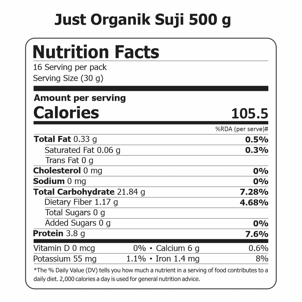 Just Organik Organic Semolina (Suji) 2kg (pack of 4, 4x500g)