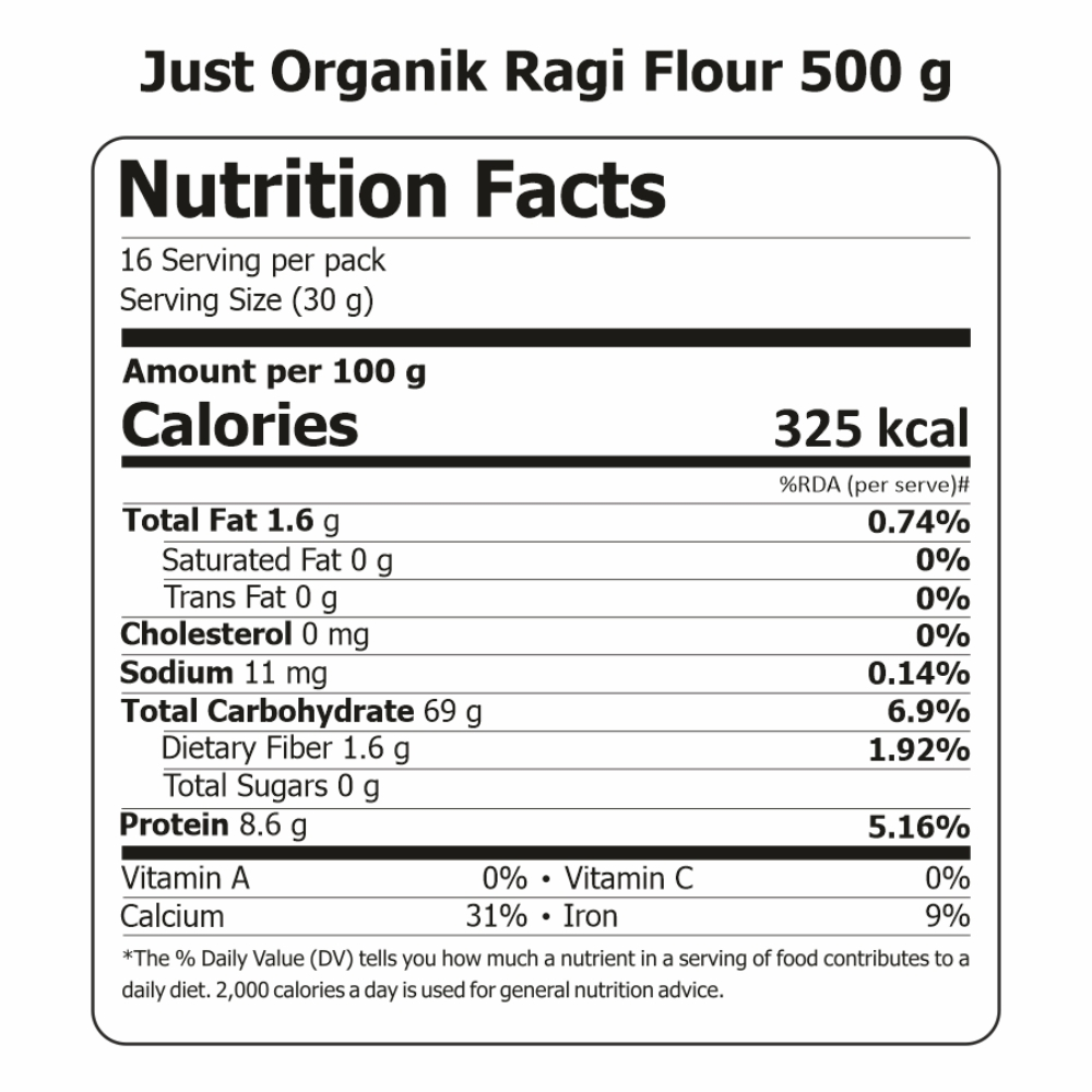 Just Organik Organic Ragi Flour 1.5kg (pack of 3, 3x500g)