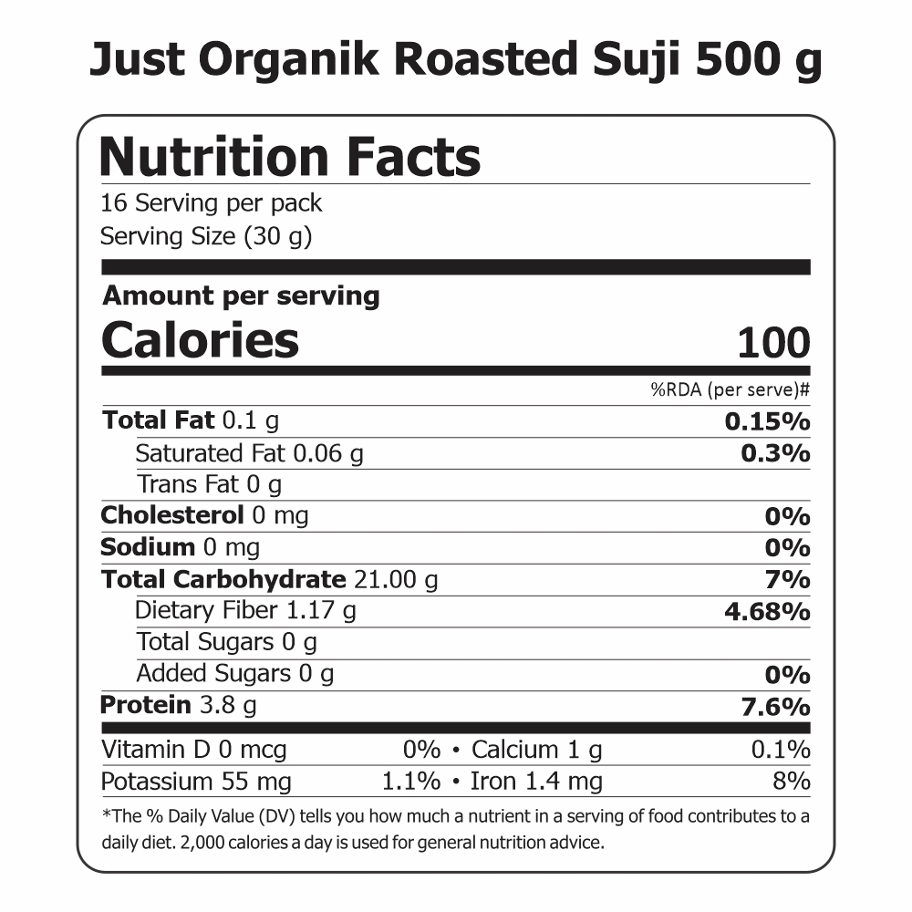 Just Organik Organic Roasted Semolina (Suji) 1.5kg(pack of 3, 3x500g)