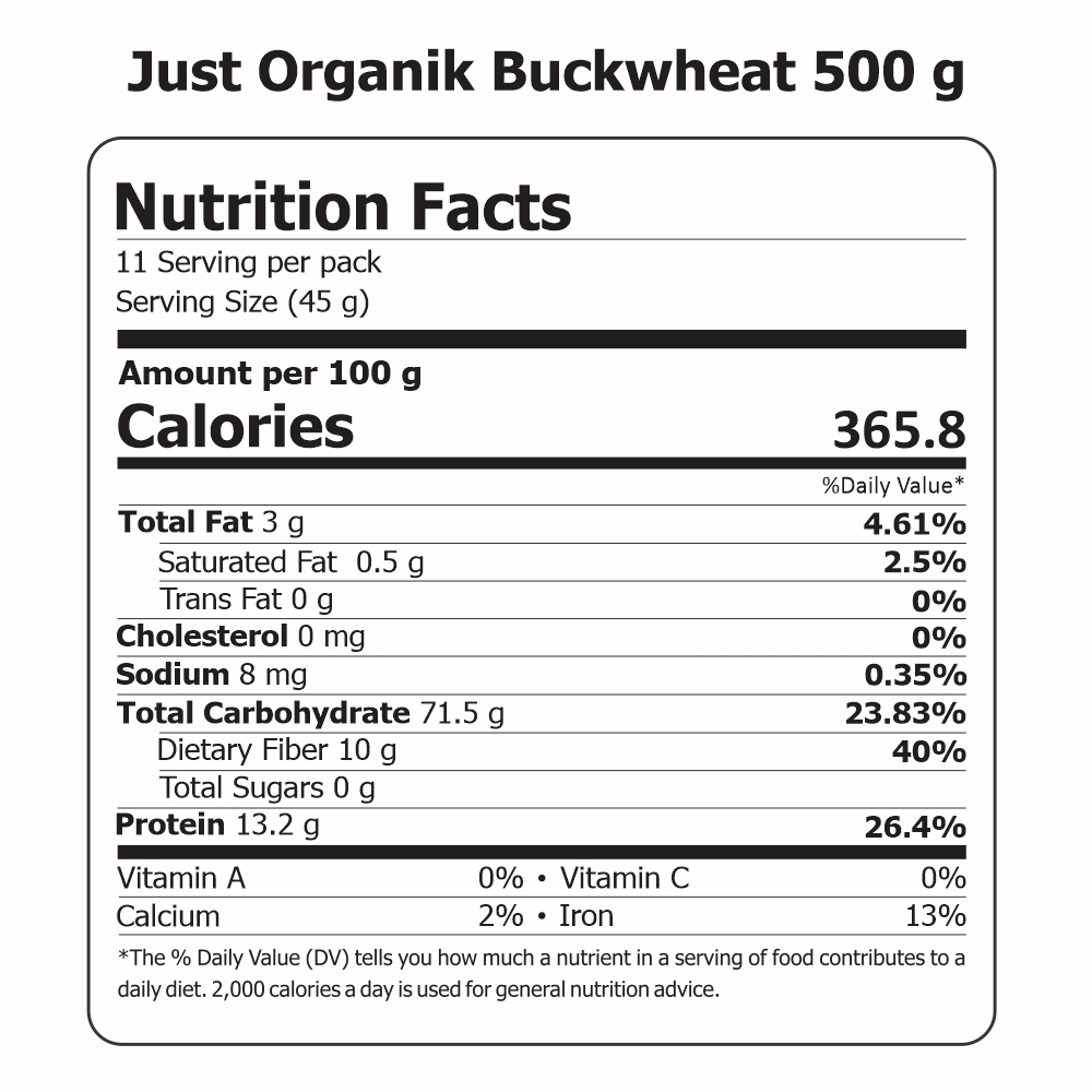 Just Organik Organic Buckwheat (Hulled)/ Kuttu Giri 1kg (pack of 2, 2x500g)