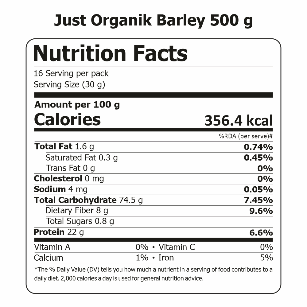 Just Organik Organic Barley (Pearled) 1kg (pack of 2, 2x500g)