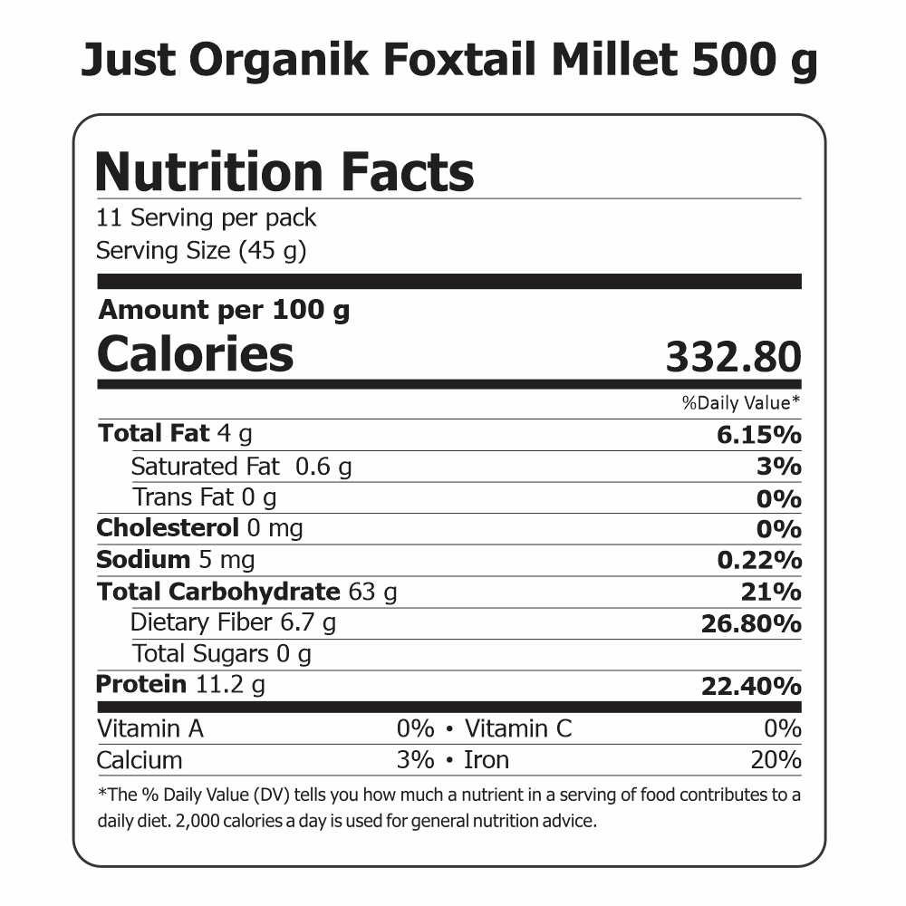 Just Organik Organic Foxtail Millet/Kangni 1kg (pack of 2, 2x500g)