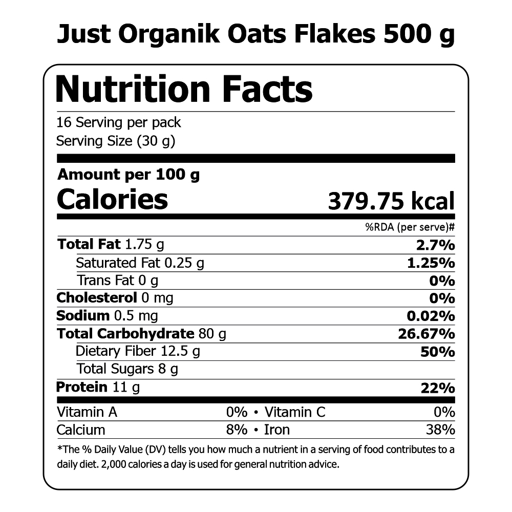 Just Organik Organic Oats Flakes 1kg (pack of 2, 2x500g)